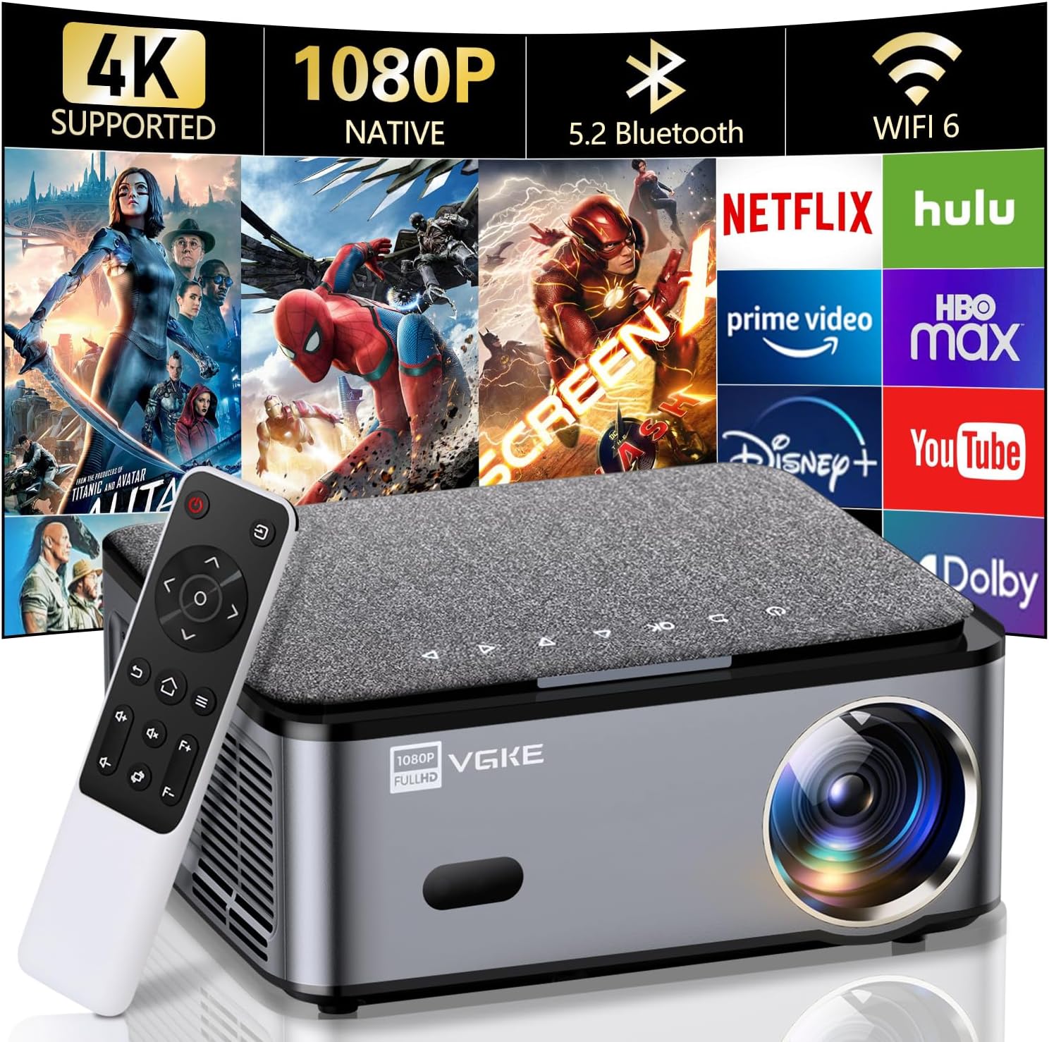 VGKE Smart 4K Projector with WiFi and Bluetooth, 800 ANSI Full HD 1080p Outdoor Movie Projector, 6D/4P Keystone Home Theater Projector for Phone/TV Stick, iOS, Android(Gray)