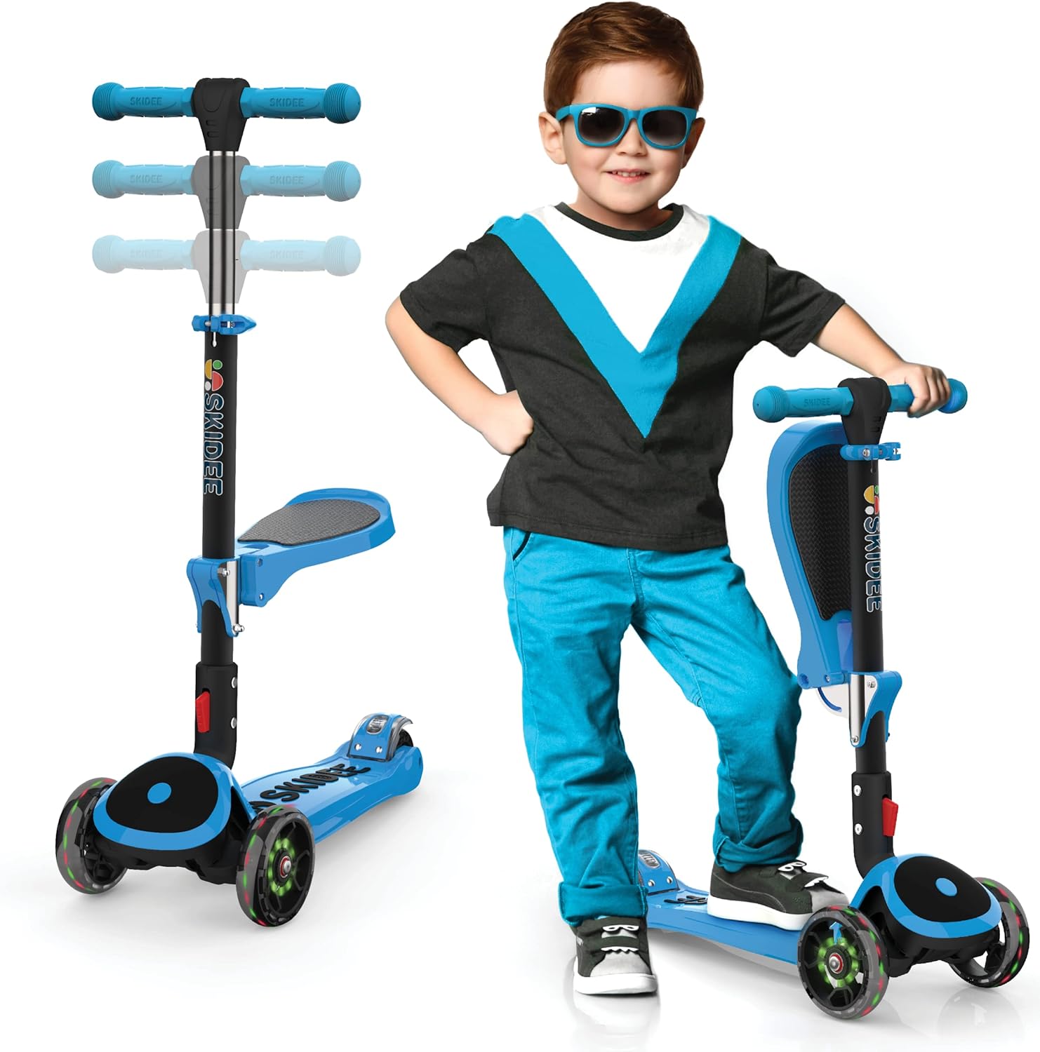 Kick Scooters for Kids Ages 3-5 (Suitable for 2-12 Year Old) Adjustable Height Foldable Scooter Removable Seat, 3 LED Light Wheels, Rear Brake, Wide Standing Board, Outdoor Activities for Boys/Girls