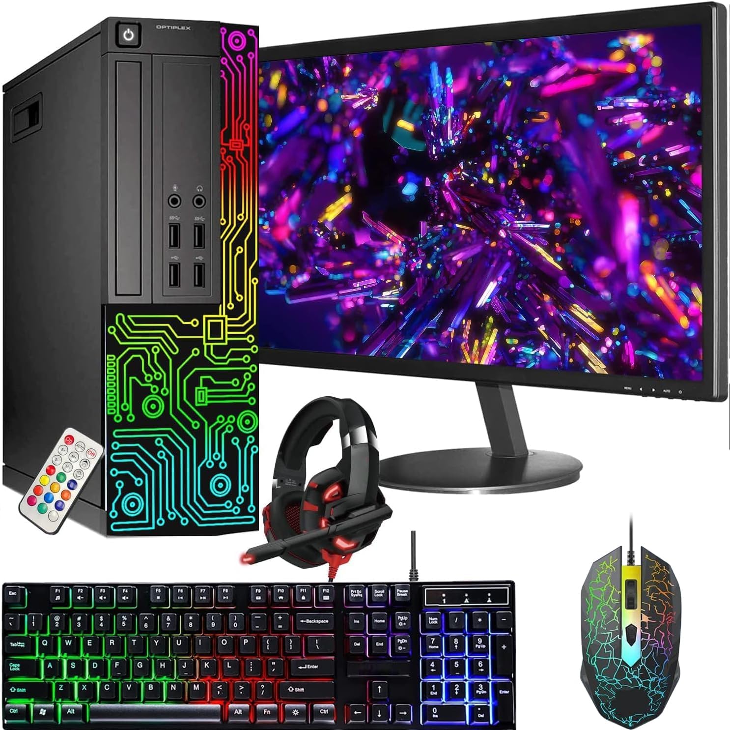 Dell OptiPlex Desktop RGB Computer PC, Intel Core i7 Quad-Core Processor, 16GB RAM, 512GB SSD, 24 Inch HDMI Monitor, RGB Keyboard Mouse and Headset, WiFi, Windows 10 Pro (Renewed)