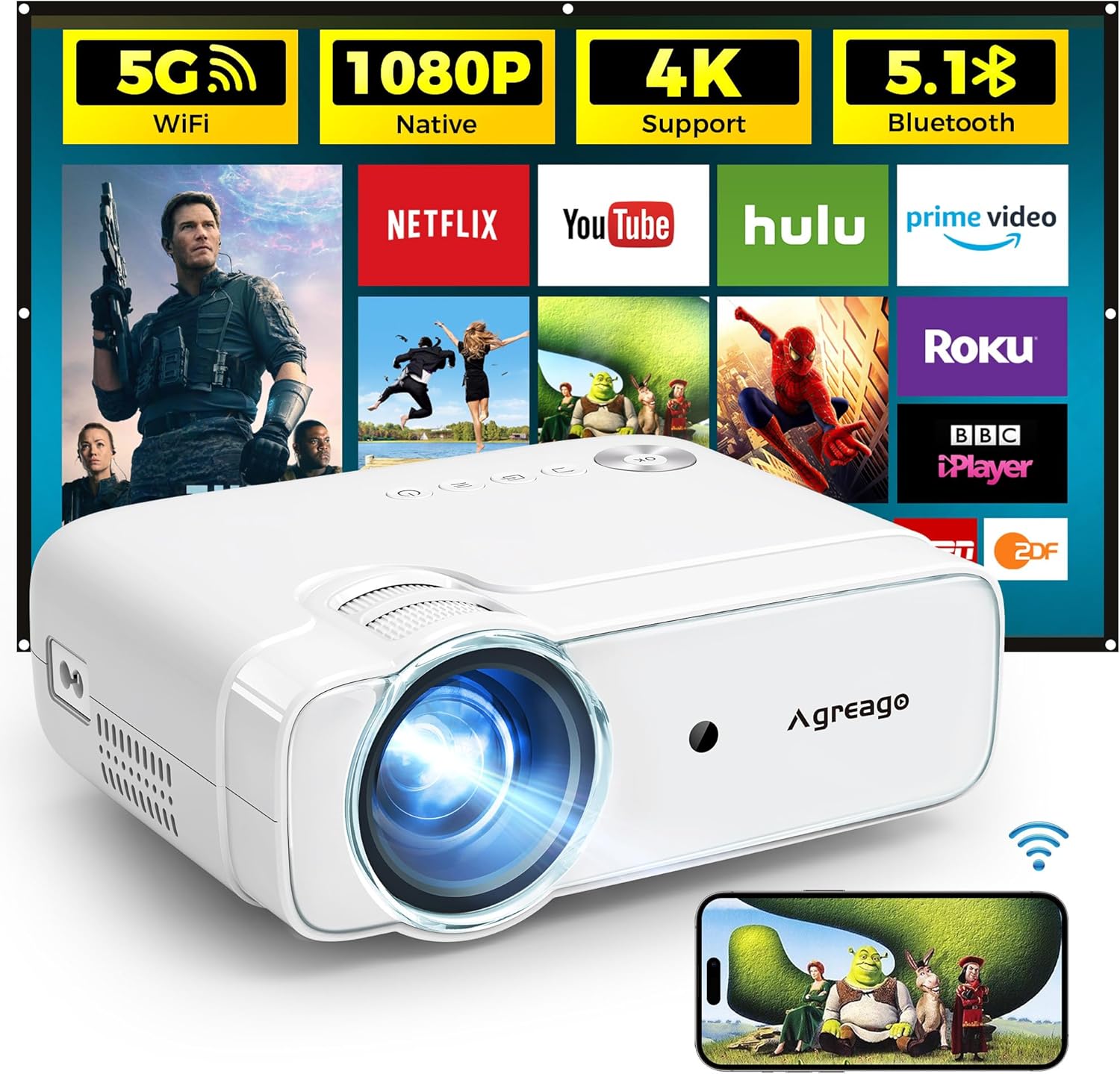 Projector with WiFi and Bluetooth, 5G WiFi Native 1080P 14000L 4K Supported, AGREAGO Portable Outdoor Projector with Screen, Home Theater Projector Compatible with TV Stick/iOS/Android/Win/HDMI/USB