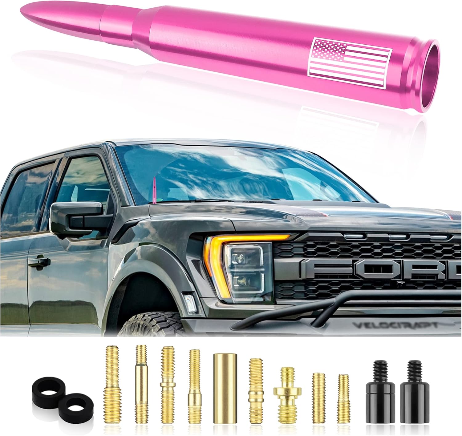 Newest Upgrade American Flag Car Bullet Antenna,Truck Exterior Accessories Antenna Toppers Compatible with GMC,Chevy Silverado,Dodge,Ford,Jeep Antenna Replacement (Premium Pink – U.S. Flag)