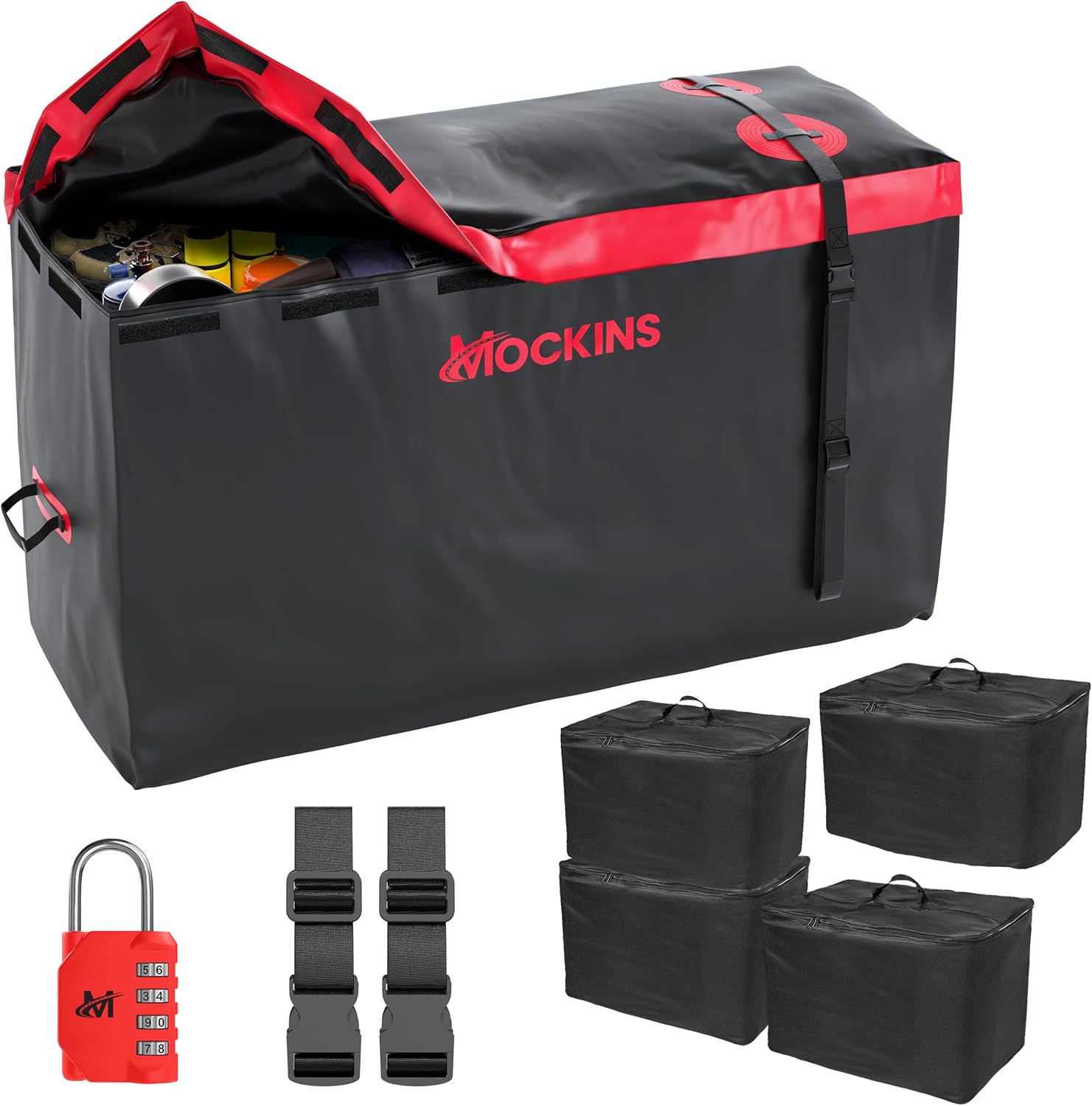 Mockins 15 Cu Ft Soft-Shell Trailer Hitch Cargo Carrier Bag | 48″x31″x18″ Waterproof Cargo Bag for Hitch Carrier & 4 Luggage Bags | Durable Vinyl Cargo Carrier Hitch Mount or Truck Bed Cargo Bag