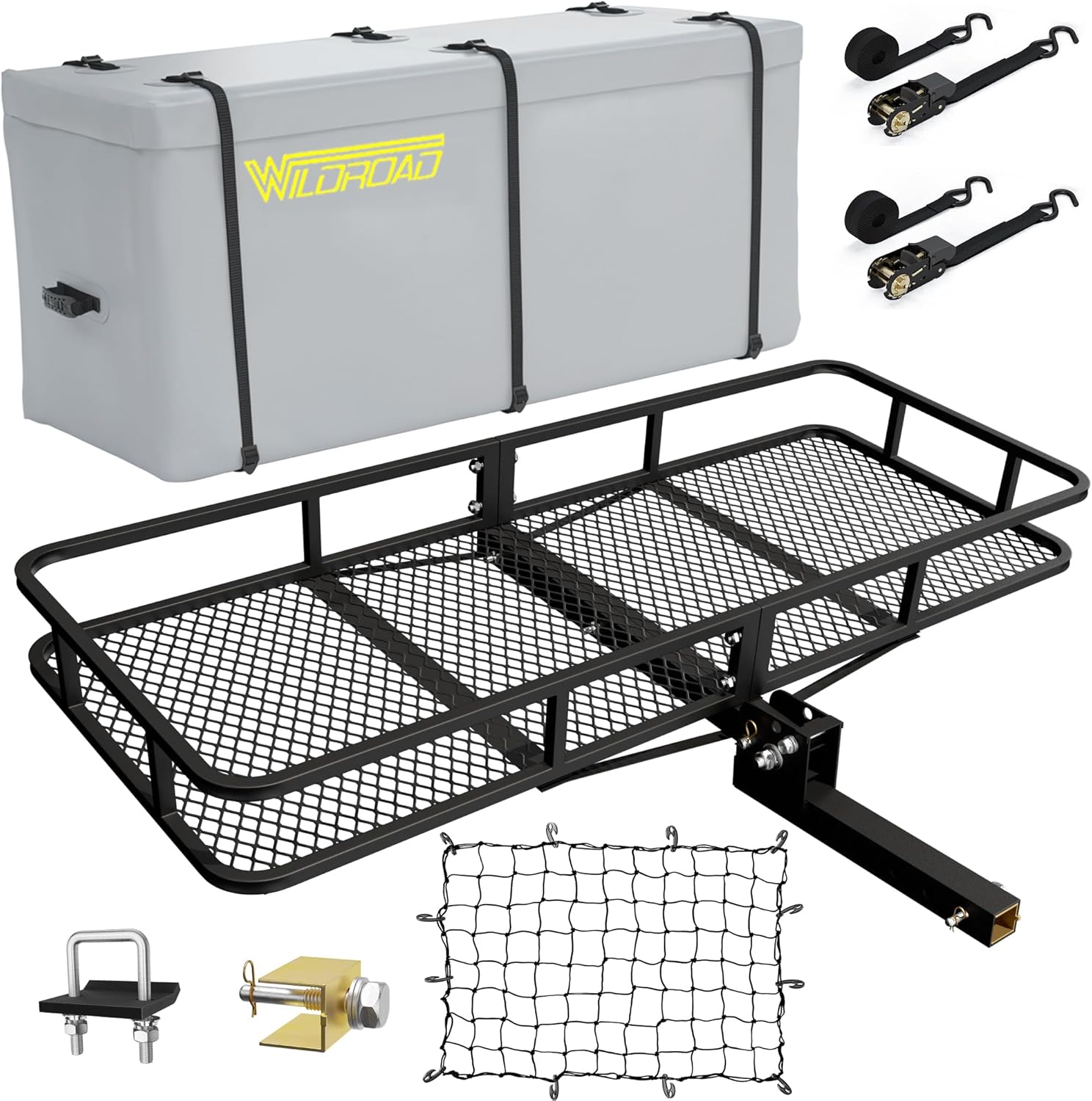 Wildroad Hitch Cargo Carrier Basket Combo 60″ x 24″ x 6″ 500 LBS Folding Trailer Hitch Cargo Carrier Fits 2″ Receiver with 18.2 Cubic feet Cargo Bag, Hitch Stabilizer, Cargo Net and Ratchet Straps