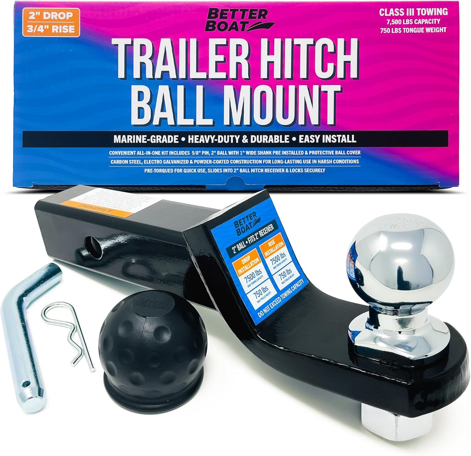 Trailer Hitch for 2″ Trailer Hitch Ball Mount 2 Inch Receiver Hitch with 2 inch Drop Hitch Towing Starter Kit 7500 lbs Truck Hitch Tow Ball Hitch Available in 2in, 4in or 6in Drop Marine Grade