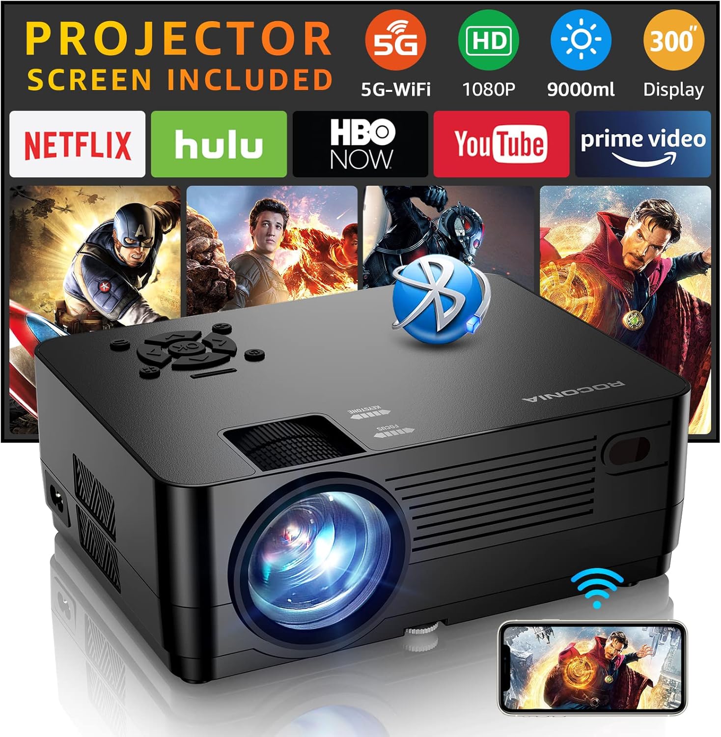 Roconia HD Projector with WiFi and Bluetooth