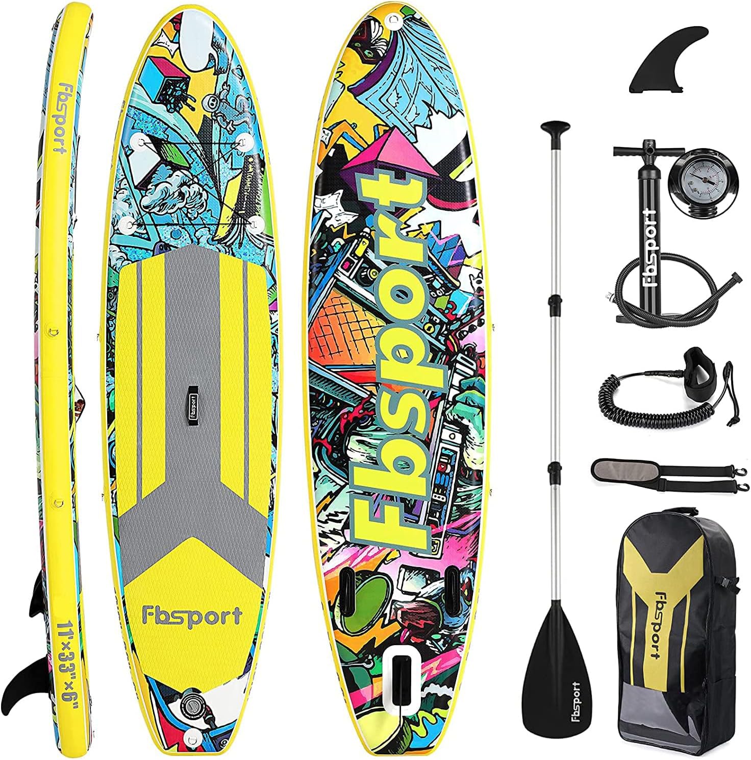 FBSPORT 11′ Premium Stand Up Paddle Board, Yoga Board with SUP Accessories & Carry Bag | Wide Stance, Surf Control, Non-Slip Deck, Leash, Paddle and Pump for Youth & Adult