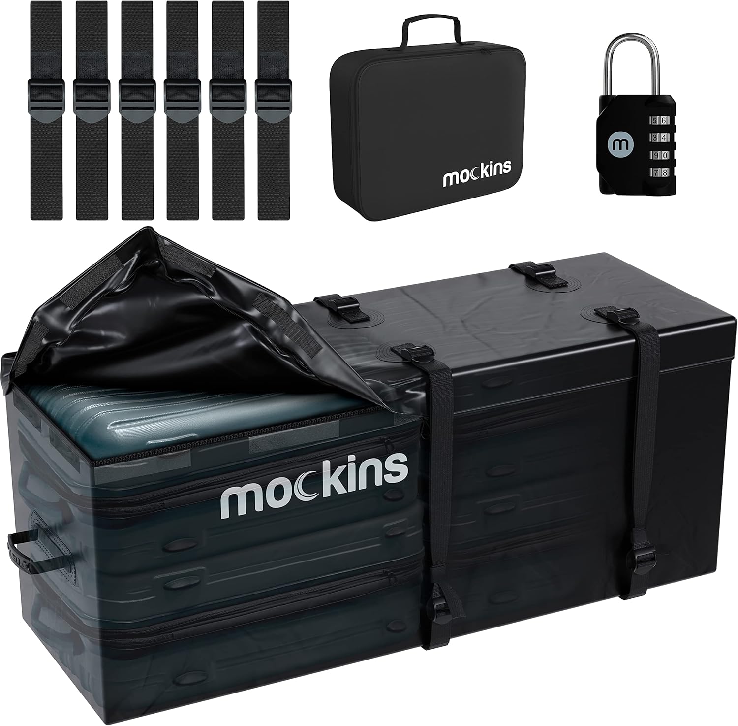 Mockins 16 Cu Ft Hitch Cargo Carrier Bag Waterproof | 58″ x 20″ x 24″ Heavy Duty Cargo Bag for Trailer Hitch Cargo Rack | Abrasion Resistant Vinyl Vehicle Soft-Shell Luggage Carrier with Straps & Lock