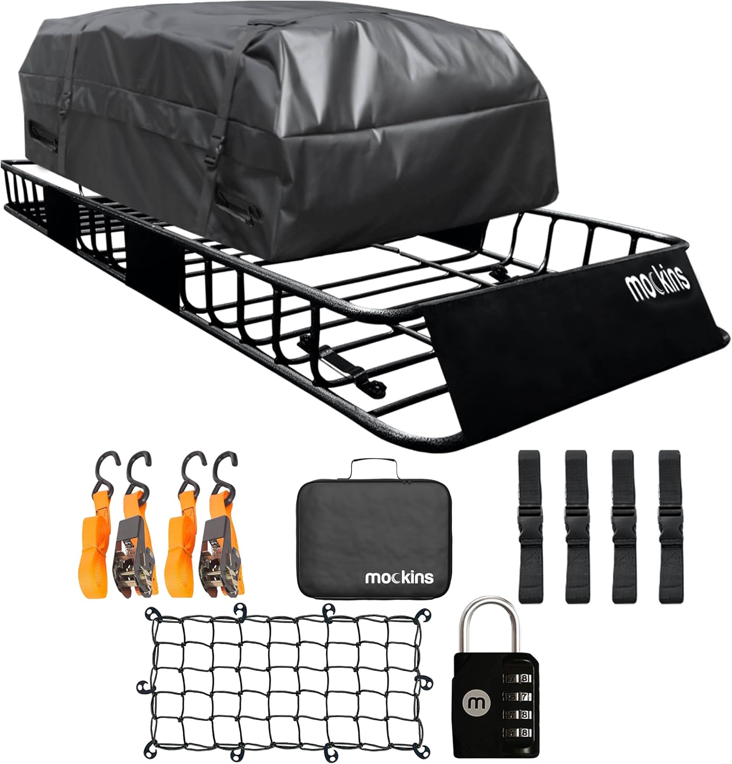 Mockins Anti Rust Roof Cargo Basket |64″x39″x6″ Roof Rack Cargo Basket with 16 Cu Ft Waterproof Cargo Bag |250lb Roof Basket Cargo Carrier |Extendable Cargo Roof Rack Basket | Roof Rack Cargo Carrier