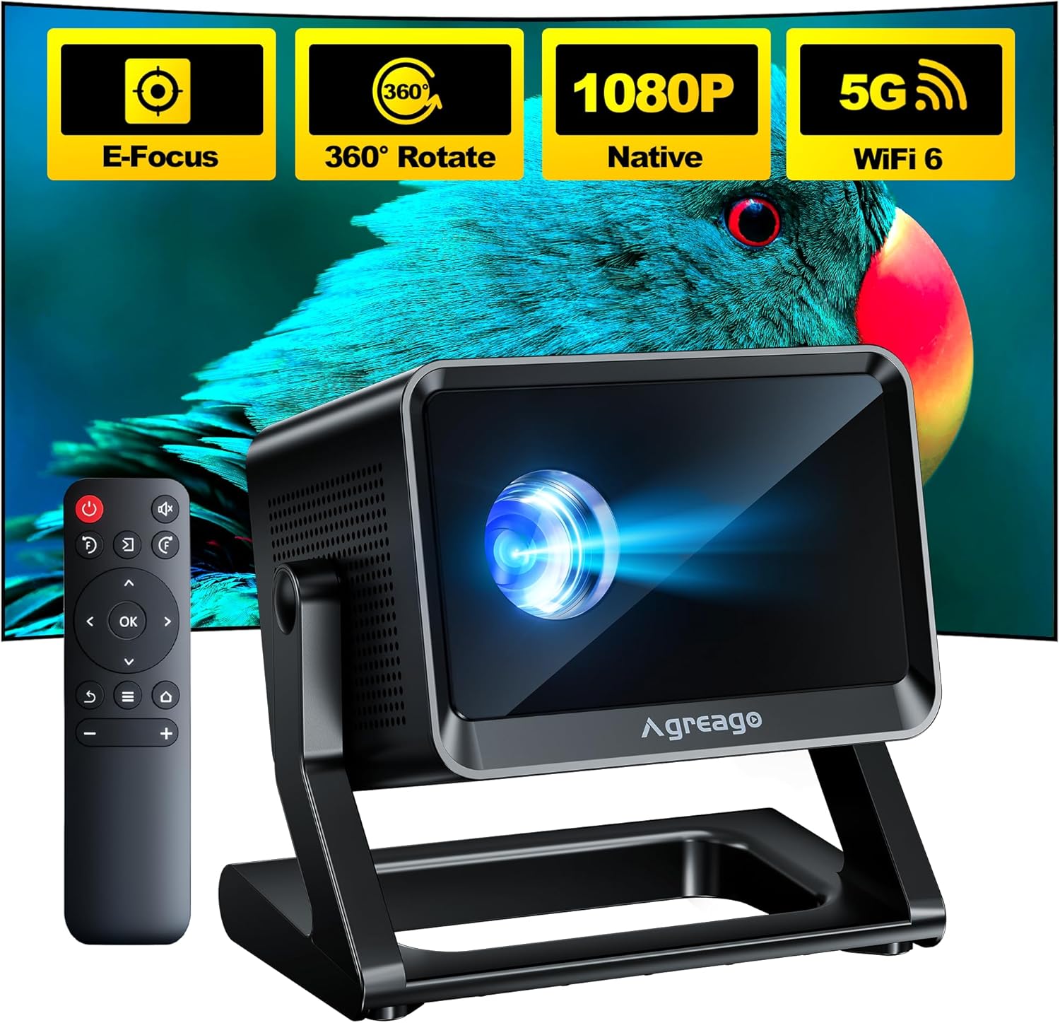 [360° Adjustable Stand] Electric Focus Projector with WiFi and Bluetooth, 4K Support Native 1080P WiFi 6, Portable Outdoor Projector, Compatible with Phones/TV Stick/PowerPoint/HDMI/USB/AV