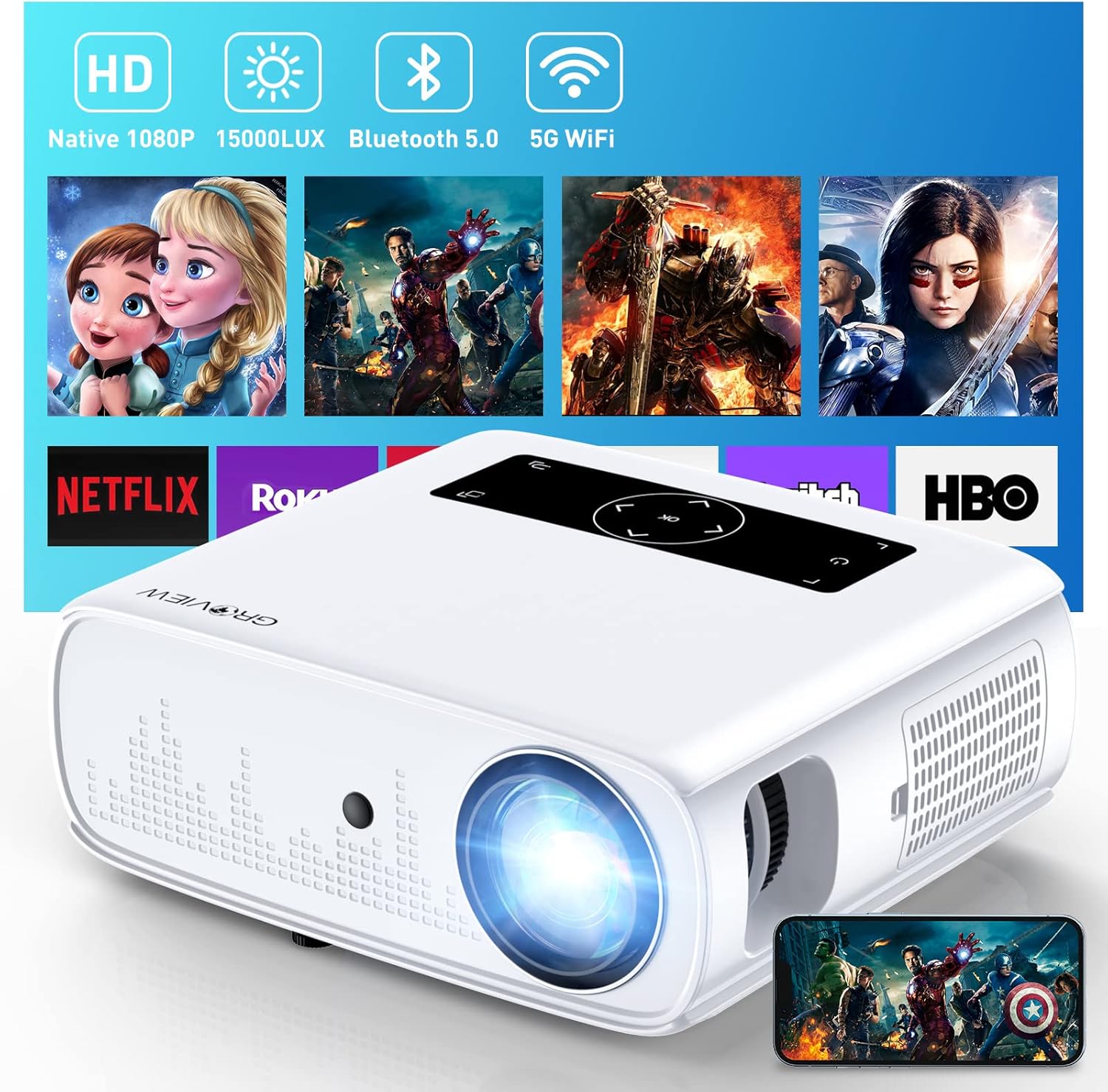 GROVIEW Projector, 15000lux 490ANSI Native 1080P WiFi Bluetooth Projector, 300” Video Projector, Supports 4K & Zoom, 5G Sync, Compatible with HDMI USB/ AV/ Smartphone/ Pad/ Laptop/ DVD/ TV Stick/ PS5