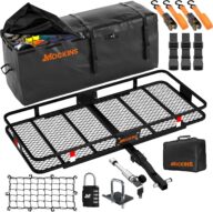 Mockins 60x20x6 Folding Cargo Carrier Hitch Mount Steel Rack 500lb Cap & 16 Cu Ft Soft Shell Waterproof Cargo Bag | Tow Hitch Cargo Basket, Hitch Tightener & Accessories |2″ Receiver Cargo Trailer