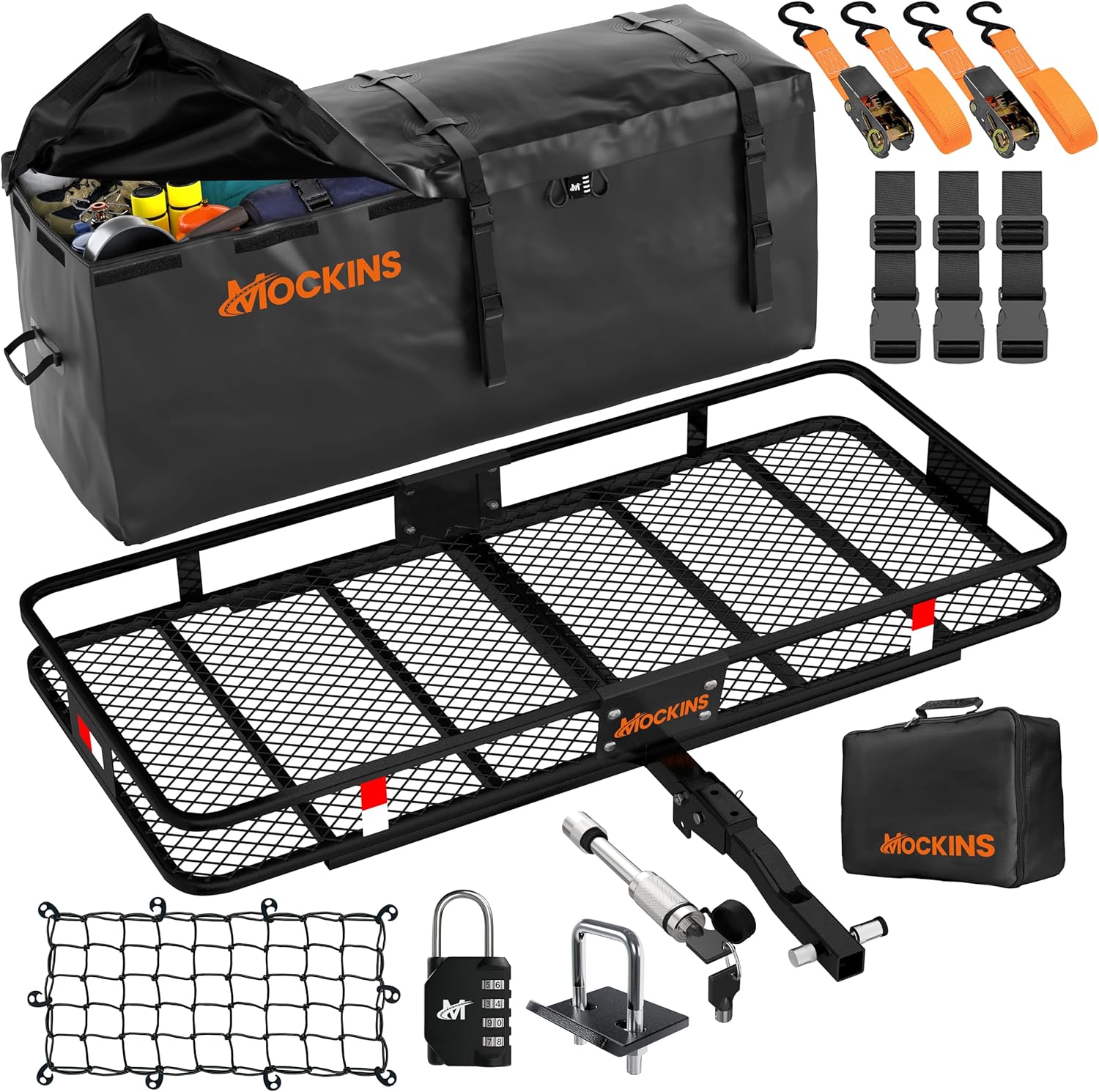 Mockins 60x20x6 Folding Cargo Carrier Hitch Mount Steel Rack 500lb Cap & 16 Cu Ft Soft Shell Waterproof Cargo Bag | Tow Hitch Cargo Basket, Hitch Tightener & Accessories |2″ Receiver Cargo Trailer