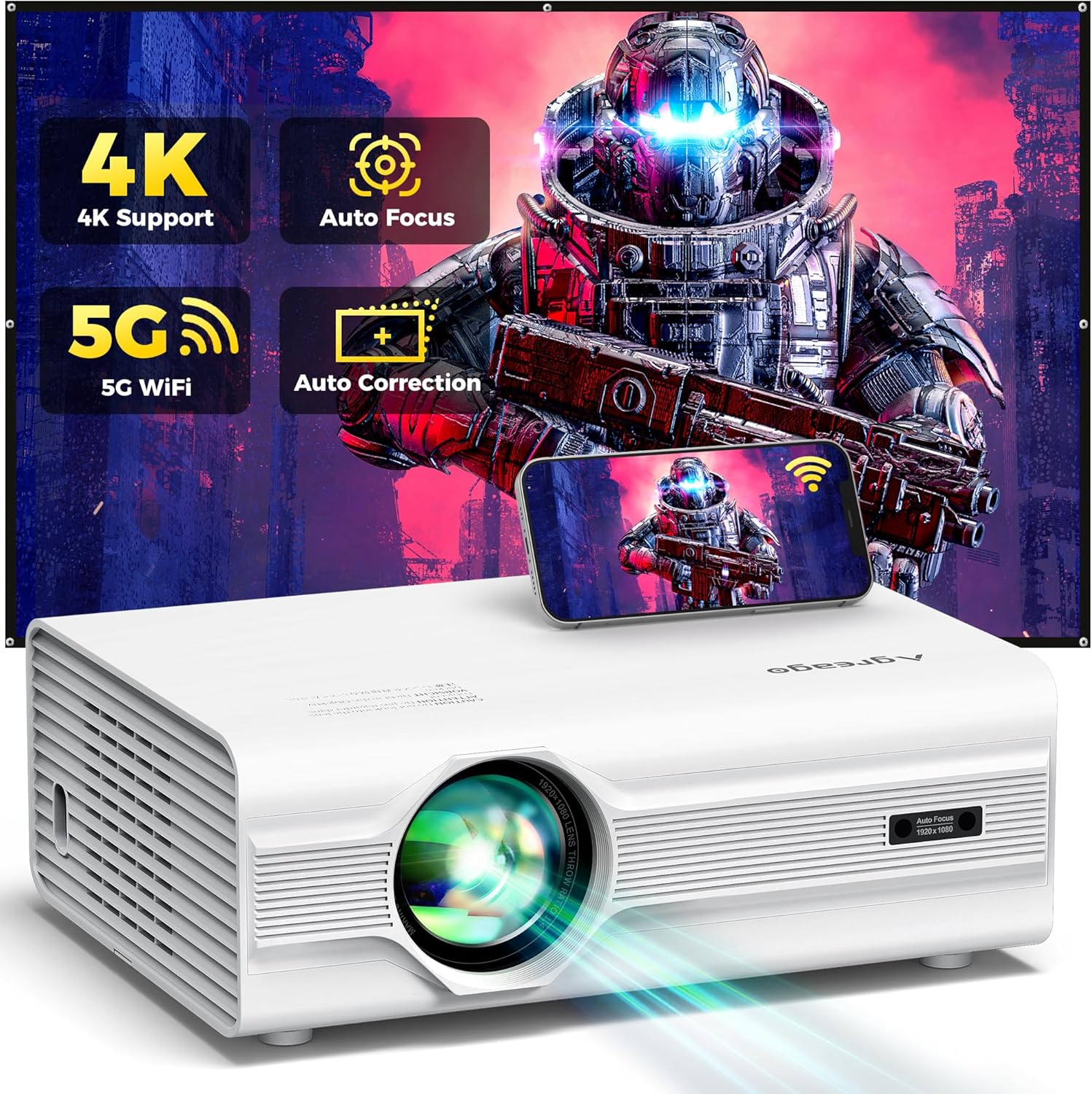 [Auto Focus/Keystone] Projector with WiFi 6 and Bluetooth 5.2, 600 ANSI Native 1080P 4K Supported, Agreago Outdoor Projector with Screen, Movie Projector Compatible with HDMI/USB/TV Stick