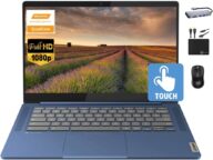 Lenovo Chromebook 2024 Newest 14″ Touchscreen Slim Laptop Business Student, 8-Core MediaTek Kompanio 520, 4GB RAM, 128GB Storage (64GB eMMC+64GB Card), WiFi 6, Long Battery, Chrome OS+MarxsolAccessory