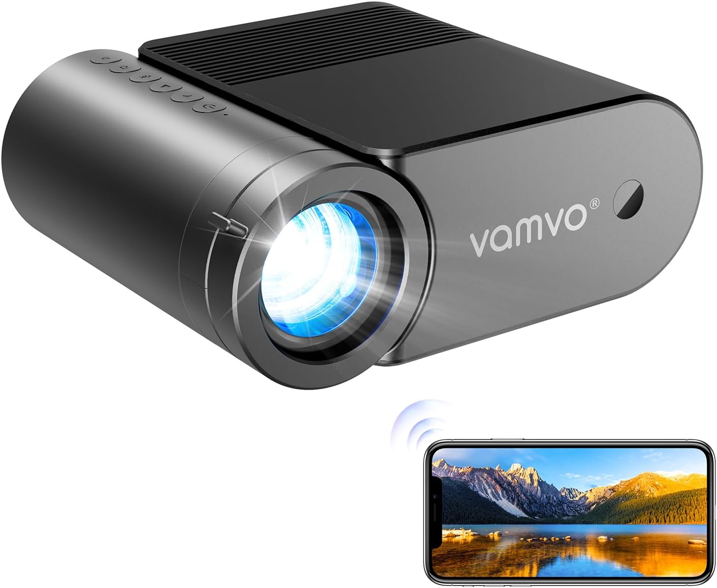 Portable Projector, Vamvo WiFi Projector 1080P 200″ Portable Movie Projector, Outdoor Projector with Stylish streamlined Design, Compatible with phone/ Tablet/ Laptop/ TV Stick/ PS4 etc.