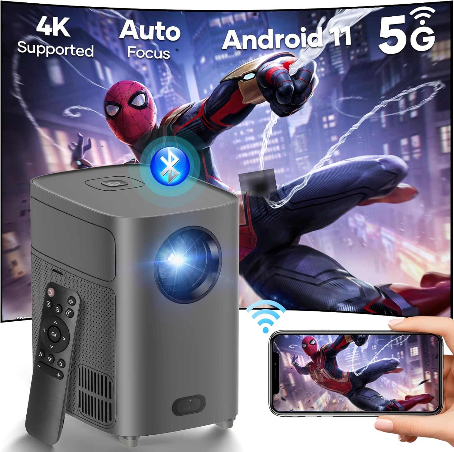 Projector 4K Supported, 17000LUX Auto Focus Android 11 Projector 300″ Display, 5G WiFi with Bluetooth Projector, Dual Hi-Fi Speakers for Home Theater Compatible with HDMI/USB/AV etc.