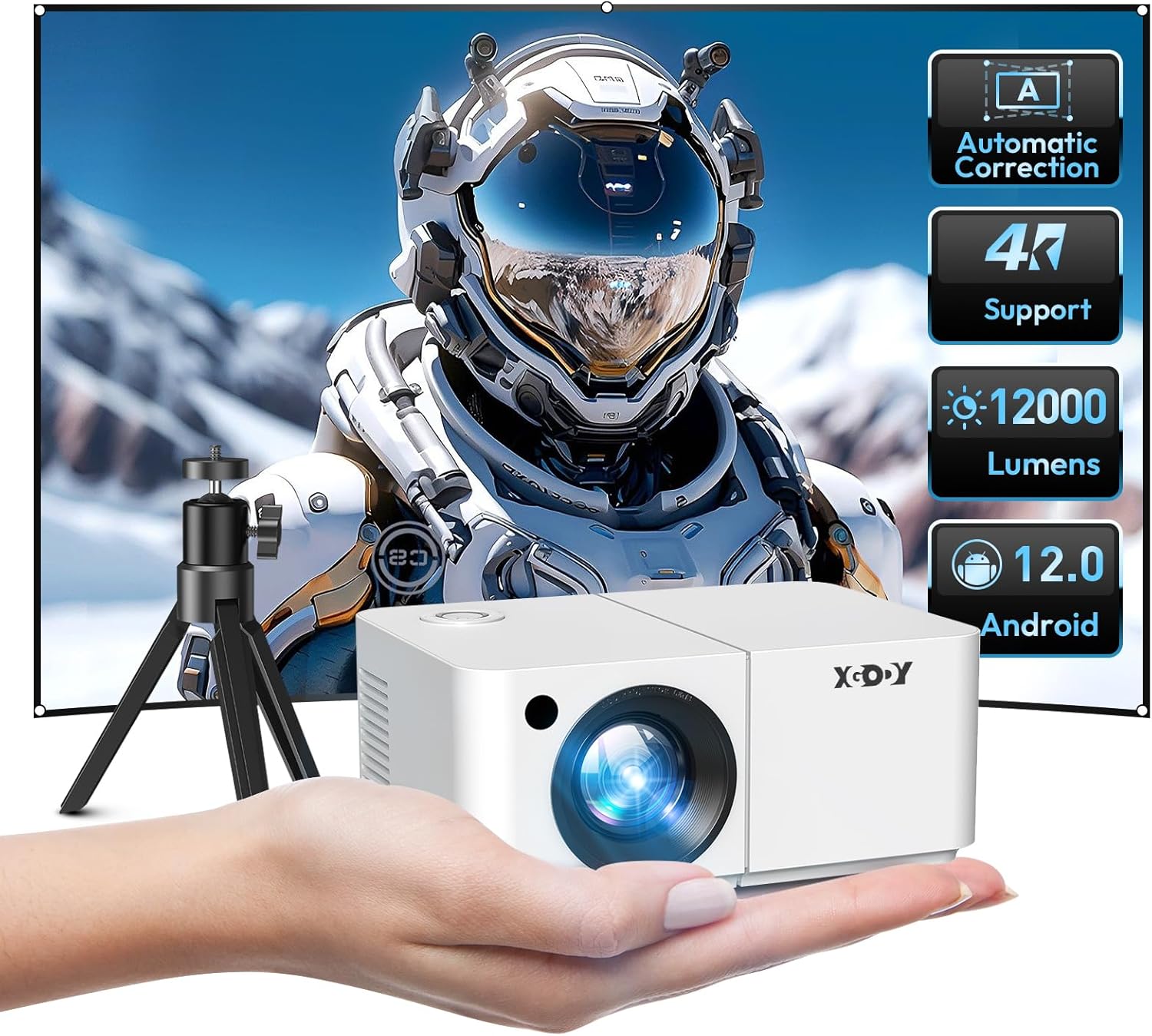 Mini Smart Projector, XGODY X2 Android 12 Portable HD Projector 12000L 1080P Support with WiFi and Bluetooth, Electric Focus/Keystone, Built-in Netflix, YouTube 8000+ APP, Tripod Included(Pearl White)