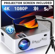 Projector with WiFi and Bluetooth, 5G WiFi Native 1080P/16000L Video Projector with Screen, 4K Support Outdoor Projector, 350” Display Phone Projector with Carry Bag &Tripod for iPhone, TV Stick, Mac