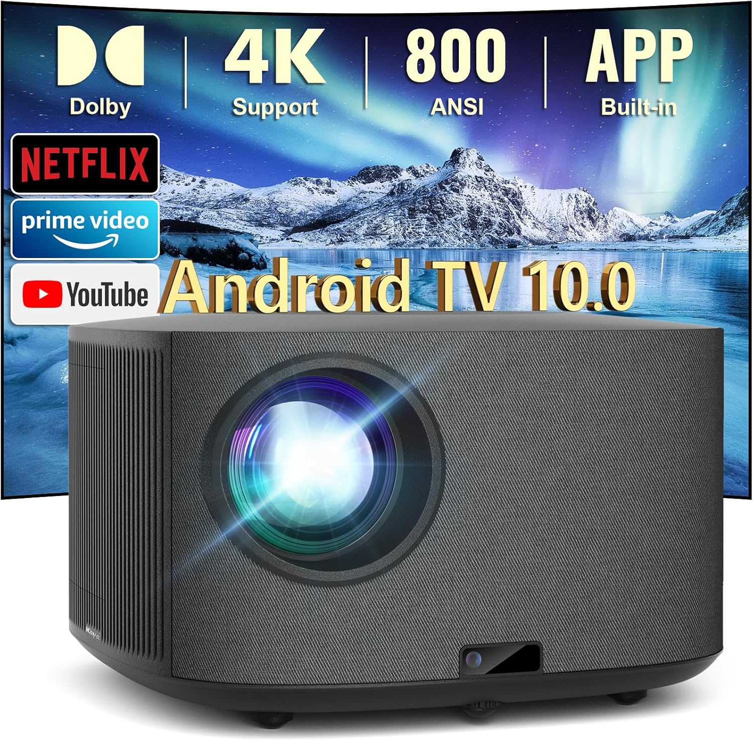 HAPPRUN 4K Projector, [Auto Focus/Keystone] Android TV Projector with WiFi and Bluetooth, Netflix/YouTube/Prime Video Officially-Licensed, Native 1080P 800ANSI Movie Projector Dolby Audio Home Theater