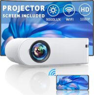 YABER Mini Projector with Screen, 1080P Full HD 9000L Outdoor Movie Projector, Portable WiFi Projector Compatible with TV Stick/iOS/Android/TV Stick/PC/PS5, for Home Theater & Outdoor Movies