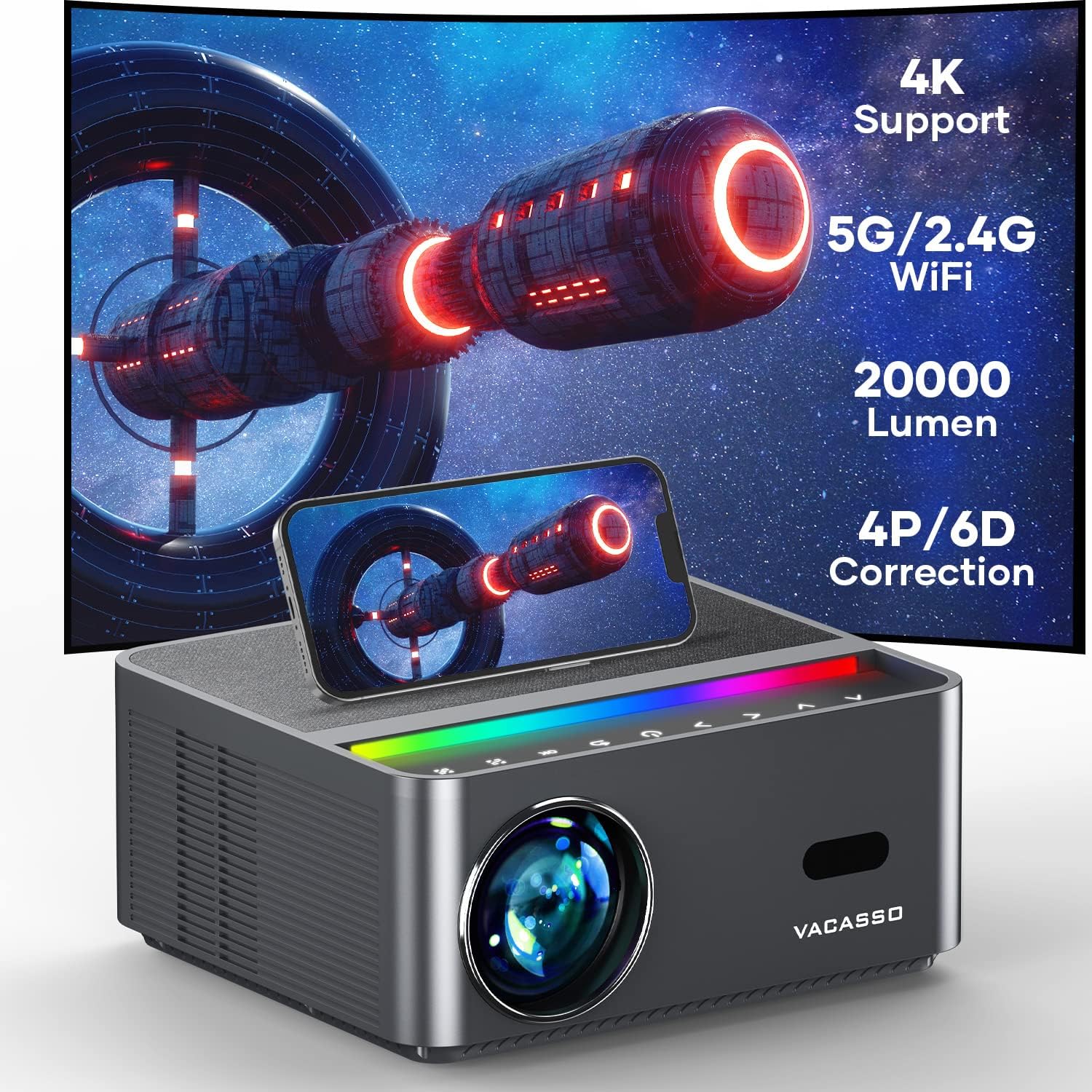 4K Projector with WiFi and Bluetooth, FHD Native 1080P VACASSO Portable Outdoor Movie Projector with Touch Screen, Compatible with iOS/Android/HDMI/TV Stick (Grey)