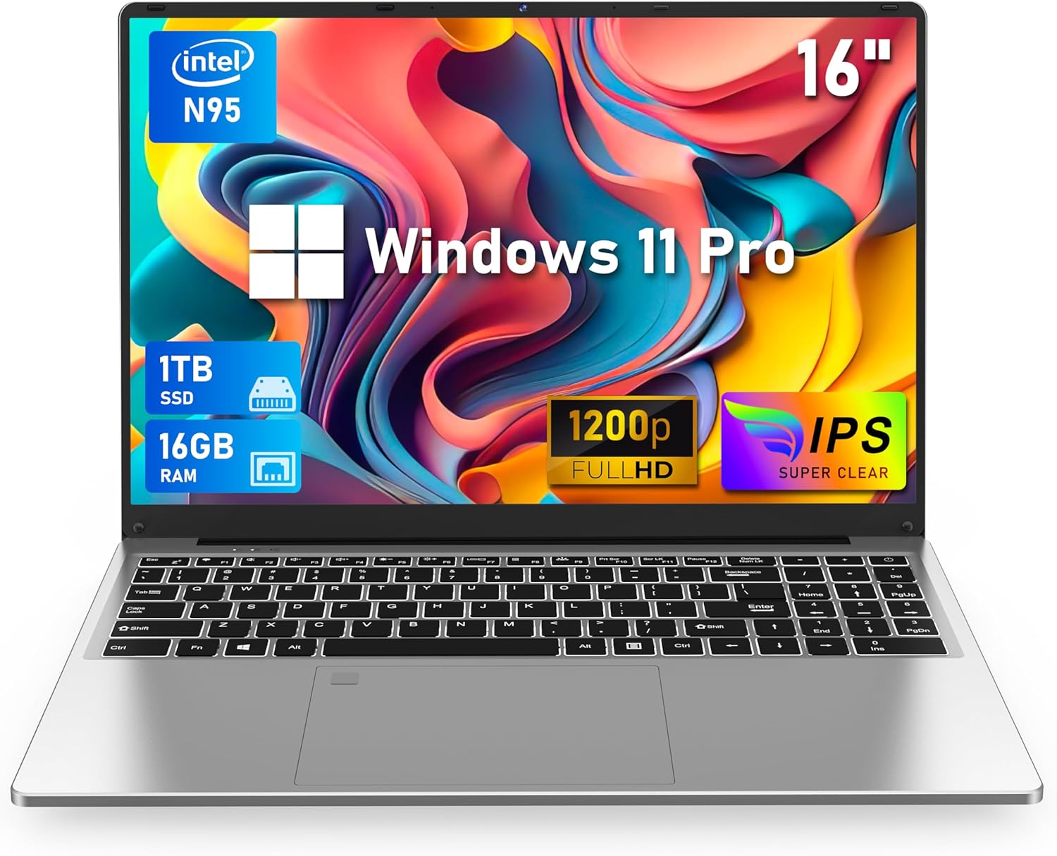 16 Inch Laptop Computer, Gaming Laptop, 16GB RAM 1TB SSD, N95 Processor, FHD 1920 * 1200, 180 Angle Open, Backlit Keyboard, Windows 11 Pro, Fingerprint Unlock, WiFi 5, BT 4.2