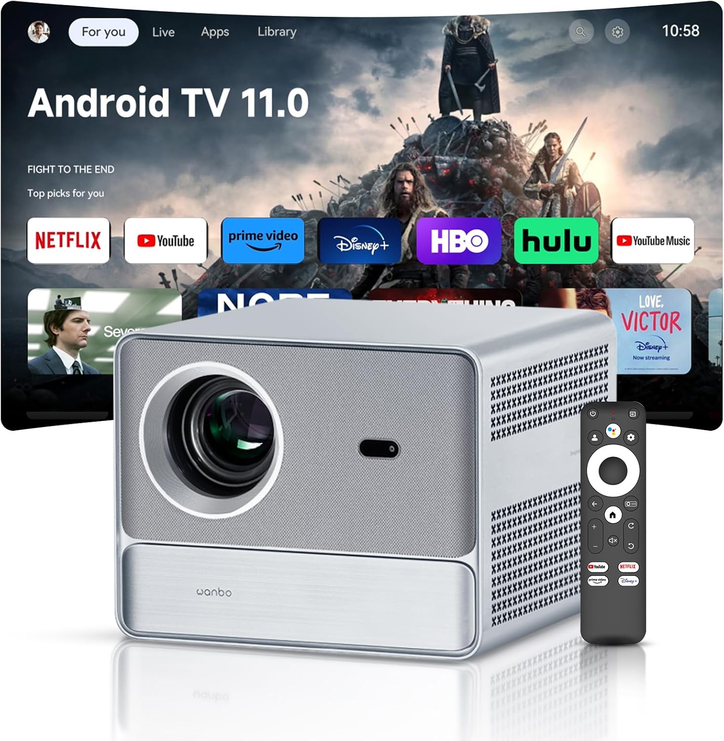 Projector with Android TV 11.0, Wanbo Davinci 1 Pro 4K Supported Projector with WiFi and Bluetooth, Auto Focus & Keystone, Home Outdoor Smart Projector with Netflix & Google Play