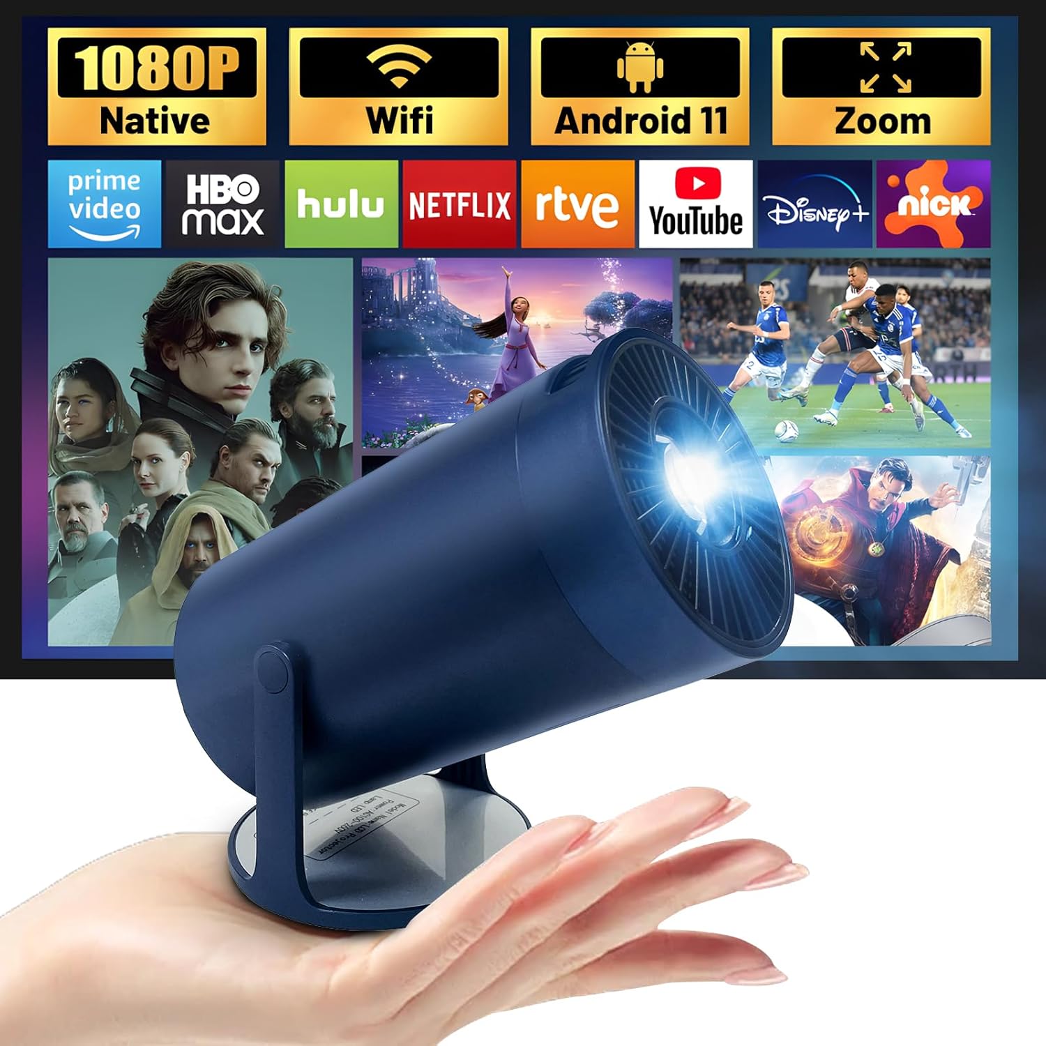 Mini Projector HY300 Auto Keystone Correction 4K/1080P Support With WIFI and Bluetooth Android11 180° Flip 130 inch large screen Portable smart projector for mobile phone/TV stick/laptop (Blue)