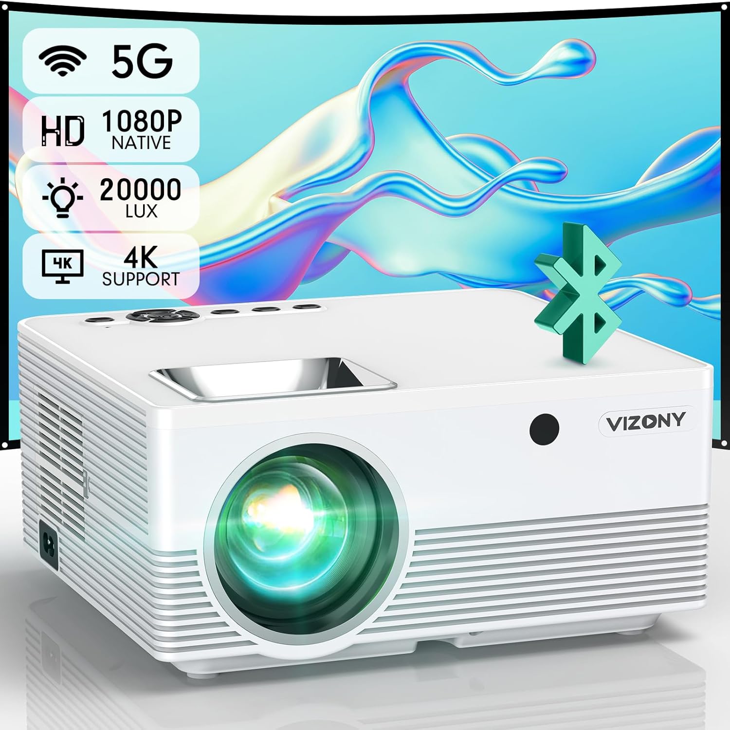 Projector with 5G WiFi and Bluetooth, 20000L 600ANSI Full HD Native 1080P Projector, Support 4k & 350″ Display with Carry Case, Outdoor Movie Projector Compatible w/Phone/TV Stick/Laptop, White