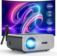 Native 1080P Projector 4K Support, 5G WiFi Bluetooth Portable Projector with Tripod, 11000L Movie Projector, 300″ Display Home Projector Compatible with HDMI/TV Stick/iOS/Android/PS5