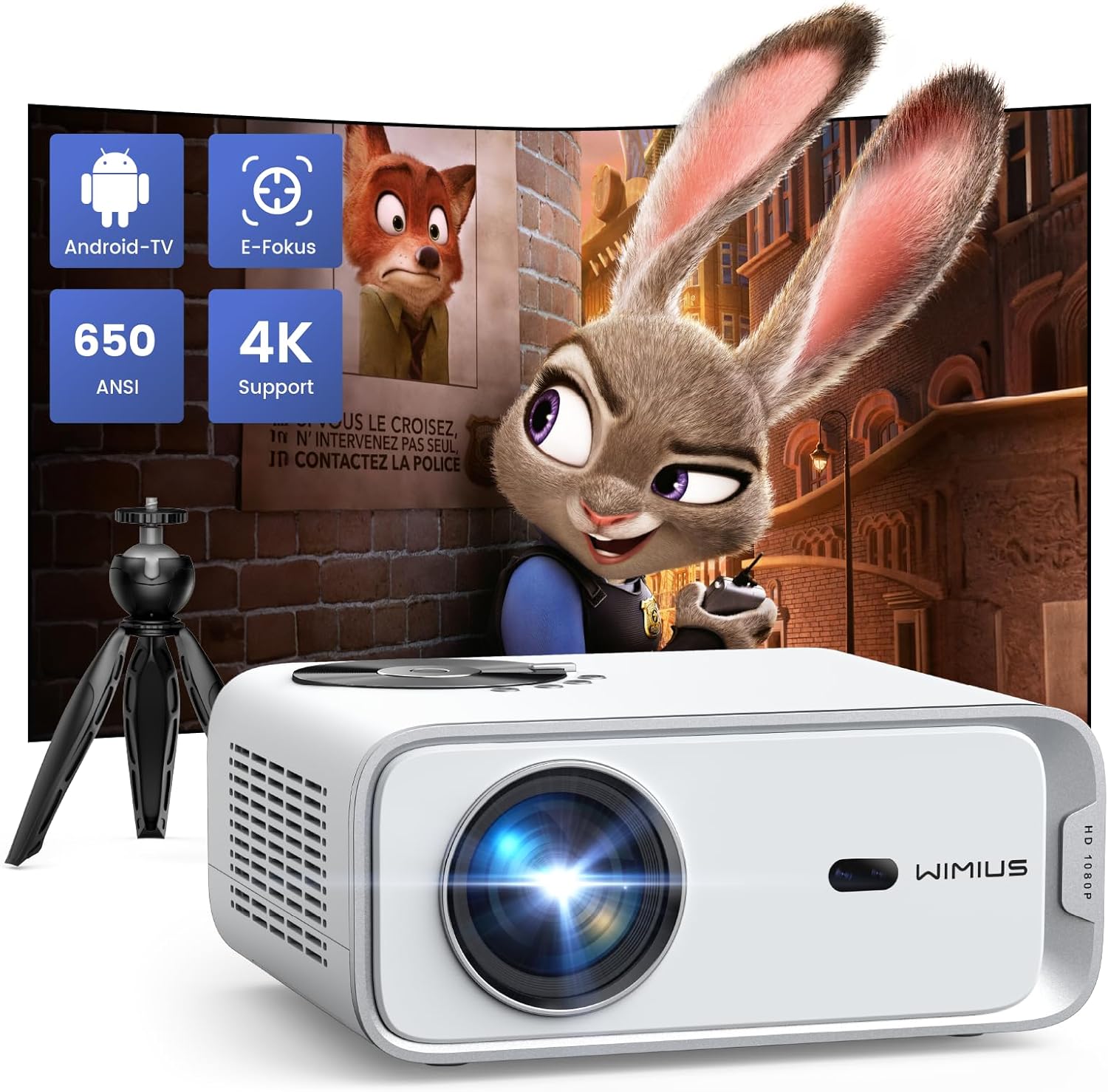 【Electric Focus & Android TV】Projector 4k with WiFi and Bluetooth, WiMiUS Full HD 1080P 650ANSI Home Theater Movie Projector 4k+, 4P/Auto Vertical Keystone 50% Zoom 300“ Portable Outdoor Projector