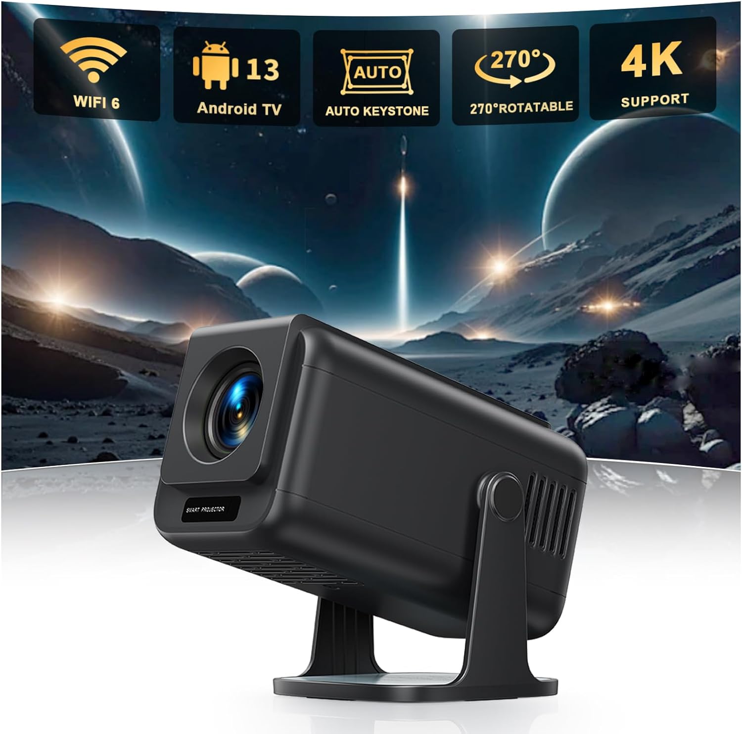 [Android 13] Mini Projector with WiFi 6 and Bluetooth, Built-in Apps, Native 1080P 600 ANSI Auto Keystone Outdoor Portable Projector, 270°Rotatable 4K Support Big Screen Home Smart Movie Projector