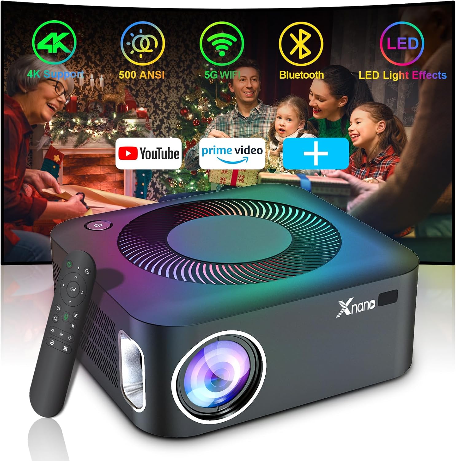 4K Support 5G WiFi Bluetooth Native 1080p Projector, XNANO 500 ANSI Home Theater Outdoor Portable Movie Smart FHD Projector for iOS/Android/TV Stick with 5W Speaker, Lighting Effect, Built-in More App