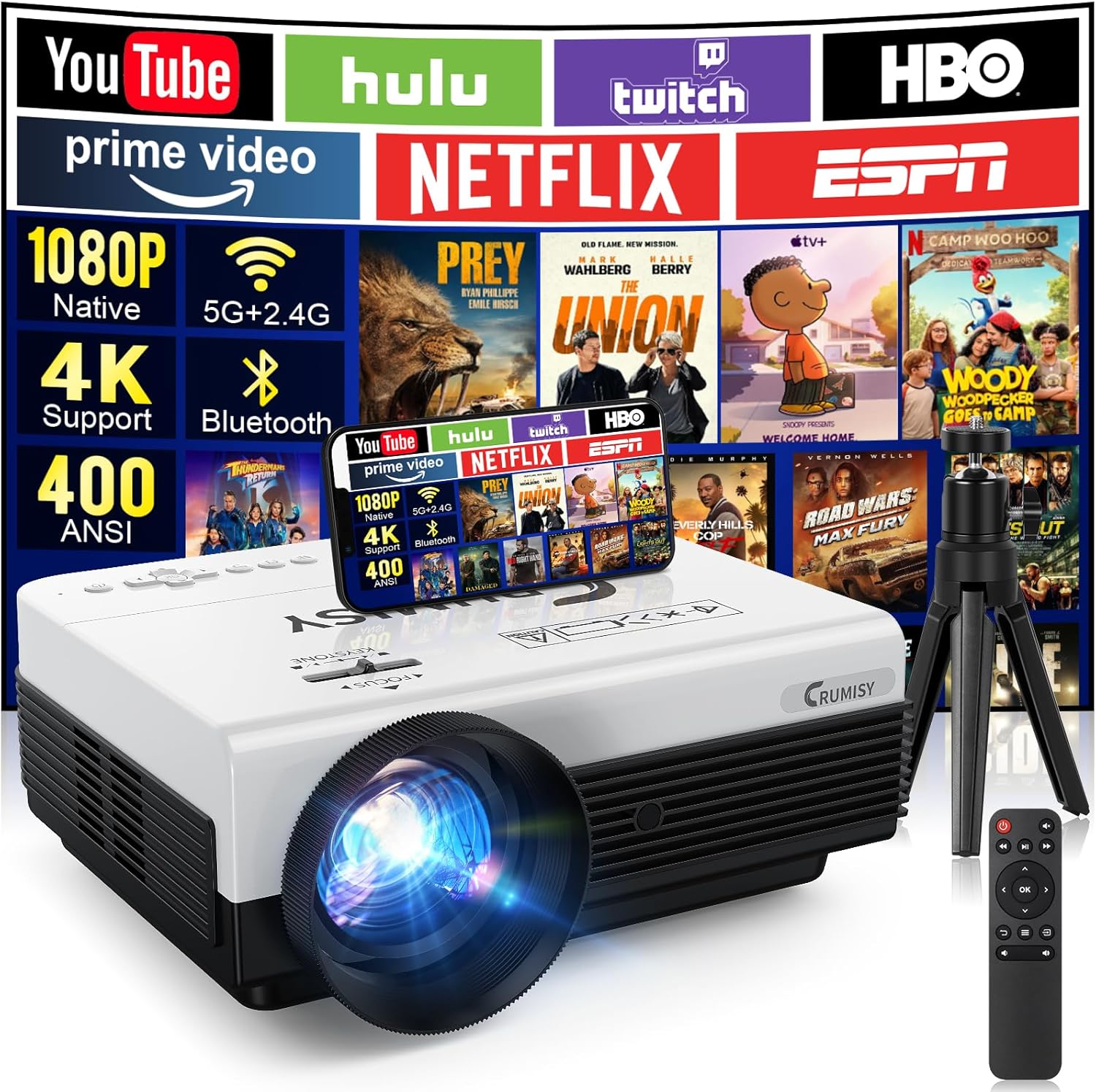 Projector with WiFi and Bluetooth,4K Support Outdoor Projector Native 1080P Video Projector,400 ANSI Home Theater Movie Projector with Speakers, 300” Cast Mini Phone Projector for HDMI/IOS/TV Stick