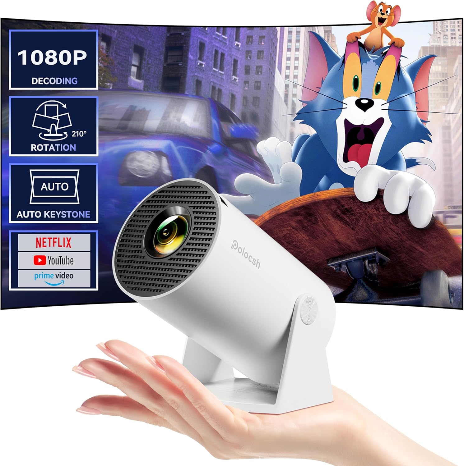 Mini Projector with Wifi and Bluetooth 180°Rotatable Portable Smart Projector Built-in Android TV 11.0 1080P Support Short Throw Outdoor Auto Keystone 130” Screen Home Theater Projector for Phone/PC