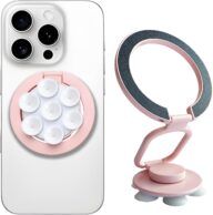 Magnetic Phone Holder wtih Suction Cup, Multifunctional Cell Phone Stand, Mount, Ring Grip, Kickstand Compatible with iPhone 16/15/14/13/12 Series and Magsafe Case (Pink)