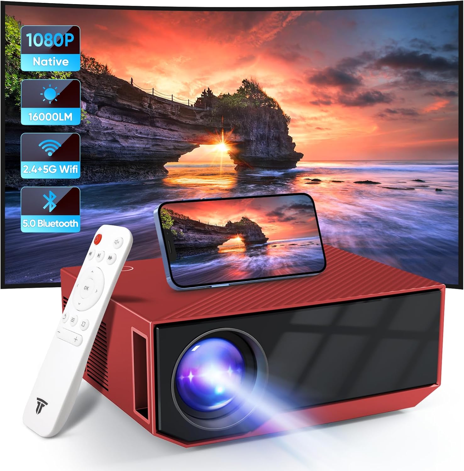 Projector with WiFi and Bluetooth, 16000Lumens Portable Mini Projector,Native Full HD 1080P Outdoor Movie Projector,Smart Projector Compatible with Android/iOS/Windows/TV Stick/HDMI/USB