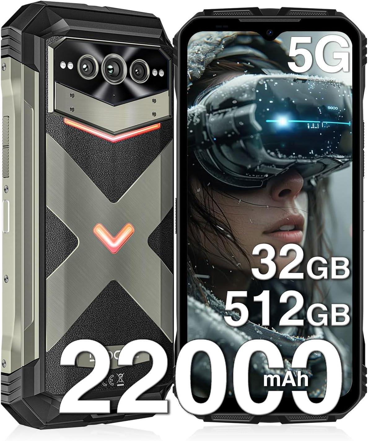 DOOGEE V Max Pro 5G Rugged Smartphone,22000mAh 32GB+512GB/TF 2TB Rugged Phone Unlocked Android 14,108MP+20MP Rugged Cell Phone,6.58″ FHD+120Hz IPS Screen,IP68/IP69K Waterproof Phone,NFC/Face ID/WIFi 6