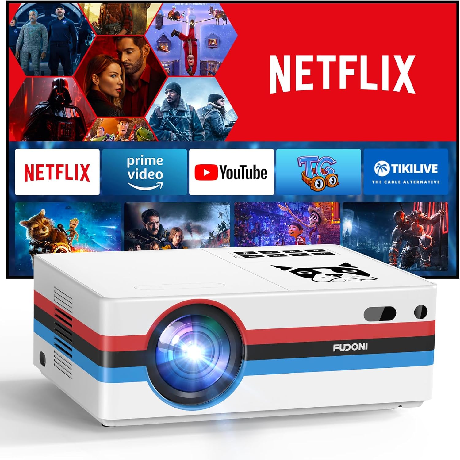 [Netflix Licensed & Dolby Audio] Projector with WiFi 6 and Bluetooth 4K Support, FUDONI 600ANSI Native 1080P Outdoor Projector, Auto Keystone/Electric Focus, with Built-in Netflix/YouTube/PrimeVideo