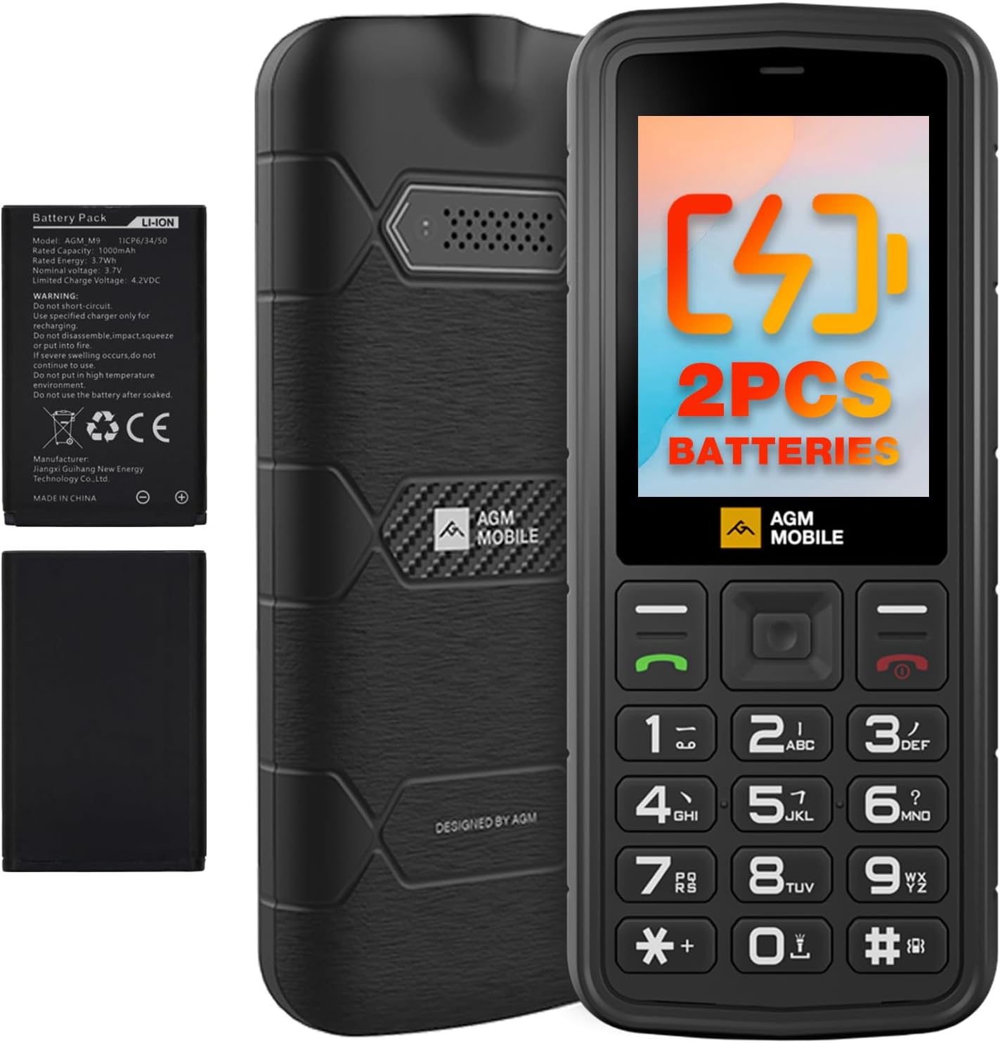 AGM M9 Rugged Basic Cell Phone, 4G Feature Phone, Simple Mobile Phones, Waterproof, Drop-Proof, Large Buttons, Large Font, Speed Dial, 3 Card Slots, FM Radio, Torch, 2PCS Batteries, for T-Mobile Only