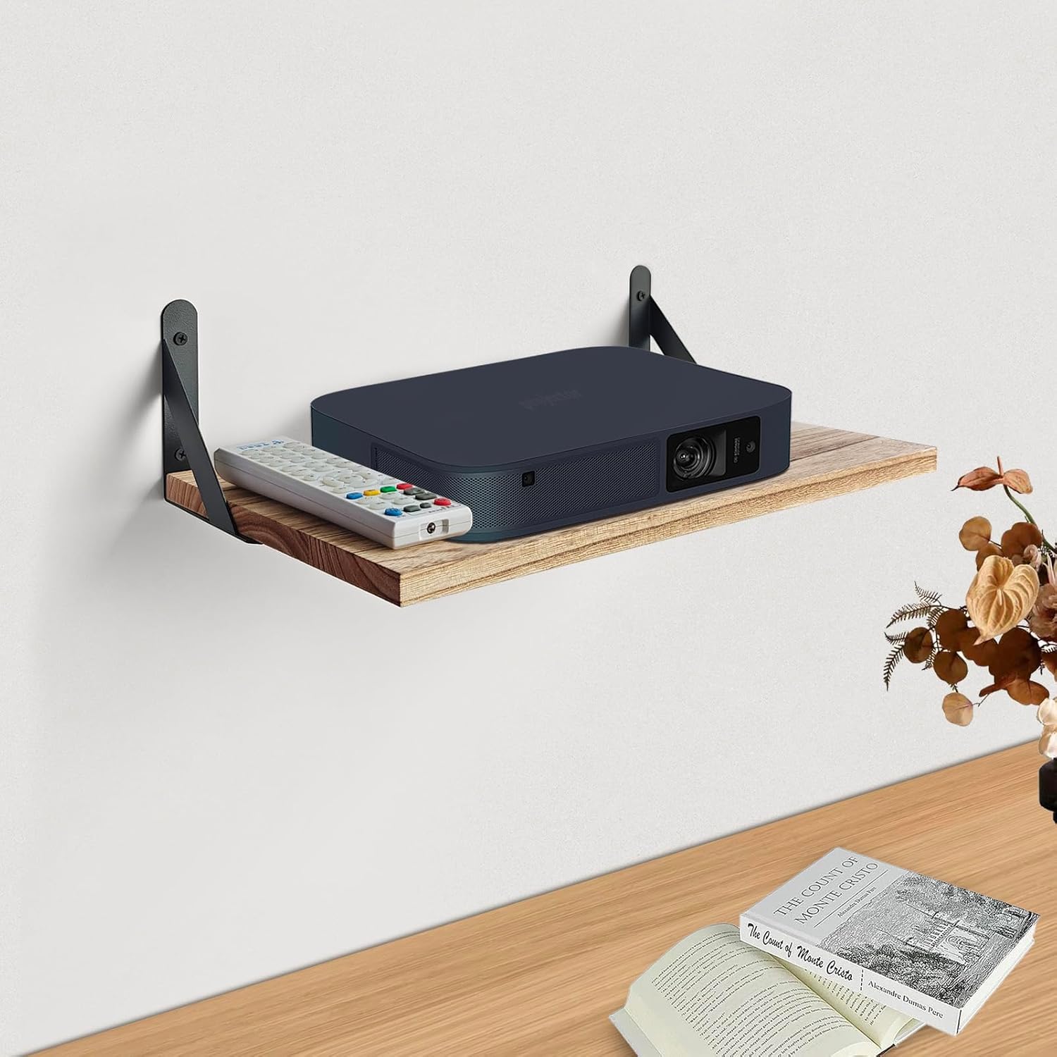 Projector Wall Shelf Wall Mount Floating Shelf Router Shelf Rustic Wooden Floating Shelf, Projector Rack Holder, Wooden Projector Mount Shelf for Wall, Projector Holder Stand Floating Shelf Under TV