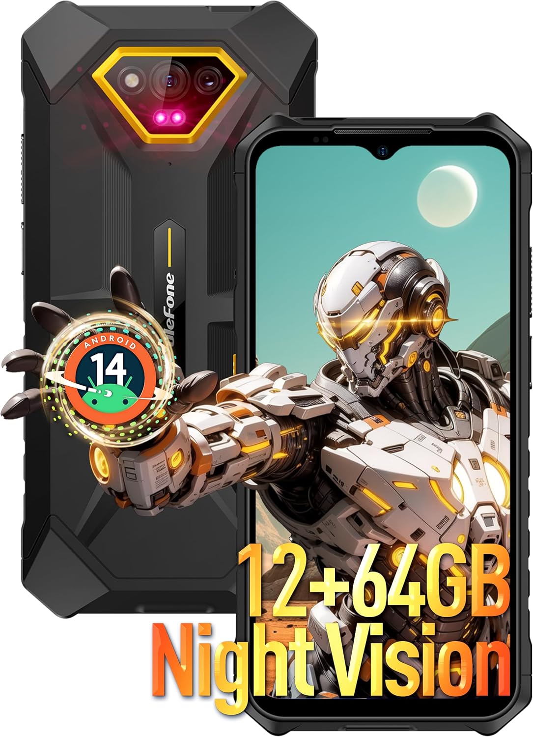 Ulefone Armor X13 Phone Android 14 Rugged Phone Unlocked 12G+64GB Rugged Smartphone 6320mAh 6.52″HD+ 50MP+24MP Night Vision Camera Dual SIM 4G IP68 Rugged Cell Phone NFC/OTG/GPS/FM, Fingerprint Orange