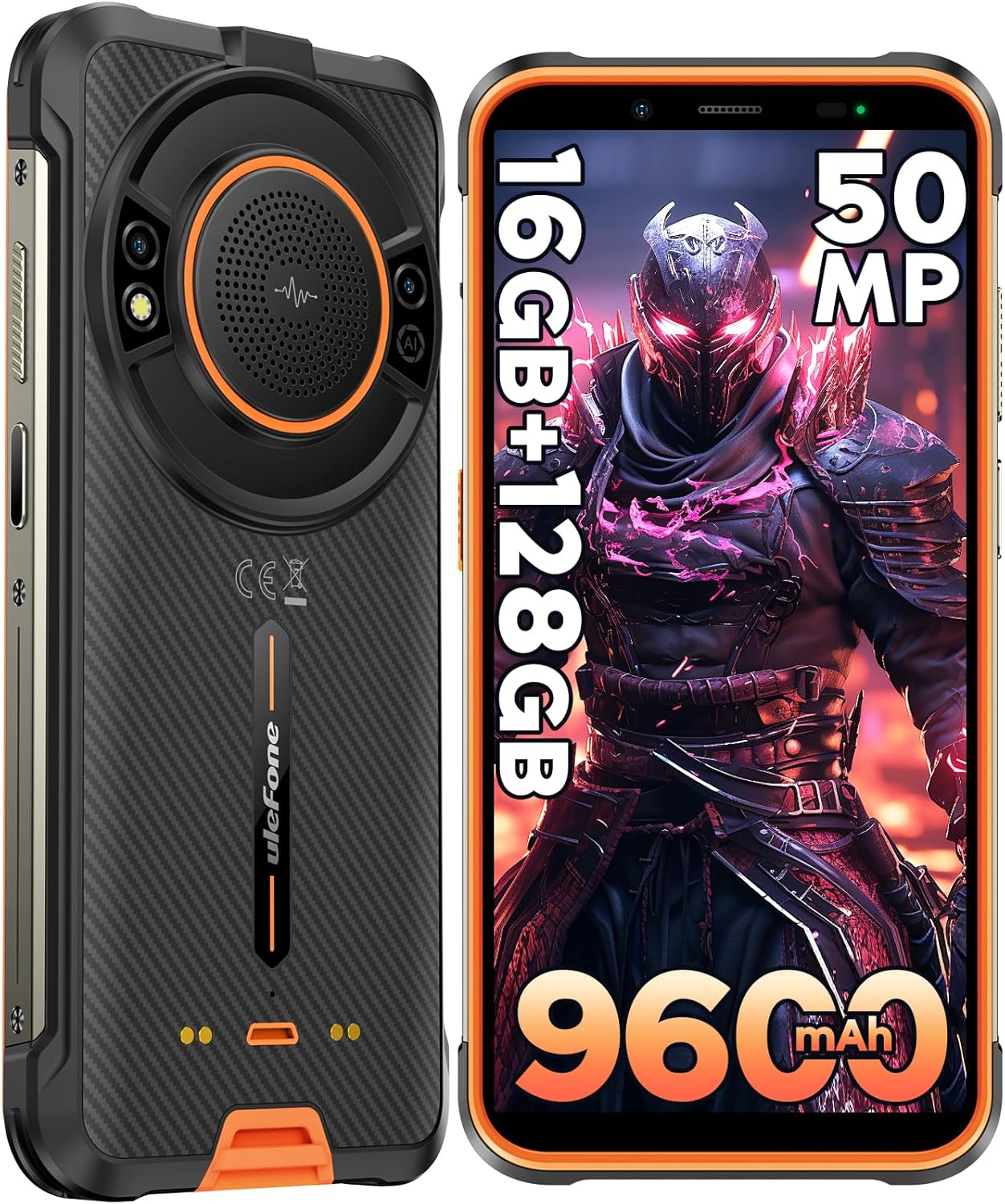 Ulefone Rugged Smartphone, Power Armor 16S 9600mAh Battery, 16GB+128GB Rugged Phone, 50MP Rear Camera, Android 13 5.93″ Screen, 3.5W Loud Speaker, Built-in Glare Flashlight, NFC Dual SIM 4G-Orange