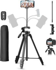 EMART 62’’ Phone Tripod Stand with Flexible Gooseneck Cell Phone Holder and Remote, Portable Overhead Tall iPhone Tri Pod for Smartphone Camera Cooking Video Recording Youtuber Vlogging Kit