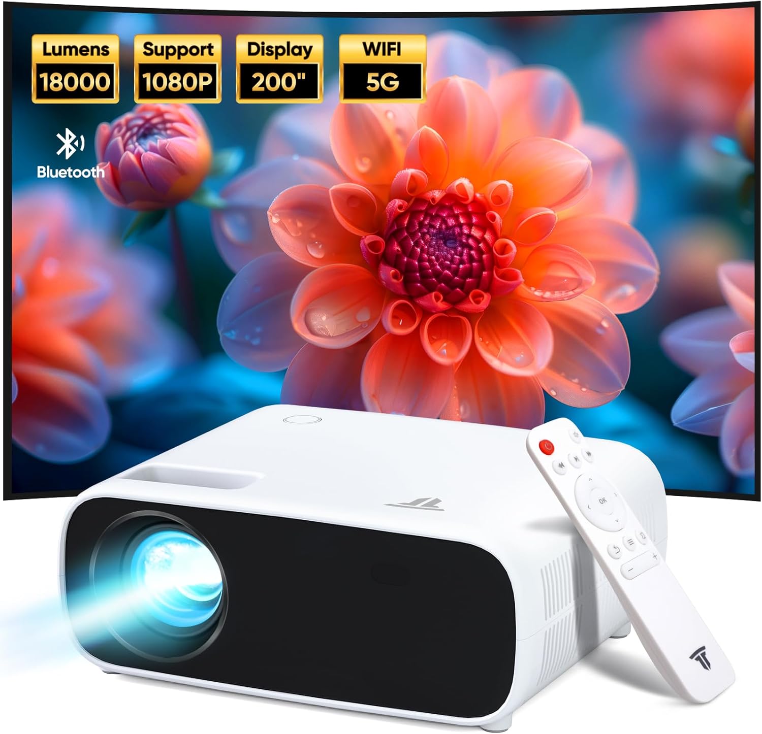 Projector with WIFI and Bluetooth, 200″ Projector Full HD 1080P Video Projector, 500 ANSI Mini Projector 18000L Movie Projector Compatible with Android/iOS/Laptop/TV Stick/HDMI/USB