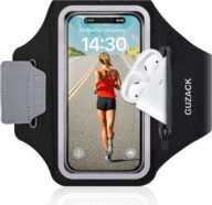 GUZACK Running Phone Holder with Zipper Pouch, Running Armband for iPhone 16 Pro/15/14/13/12/11 Pro Max/Plus/XR/XS, Galaxy S24/S23/S22/S21, Cell Phone Arm Holder with Card Slot – Size S