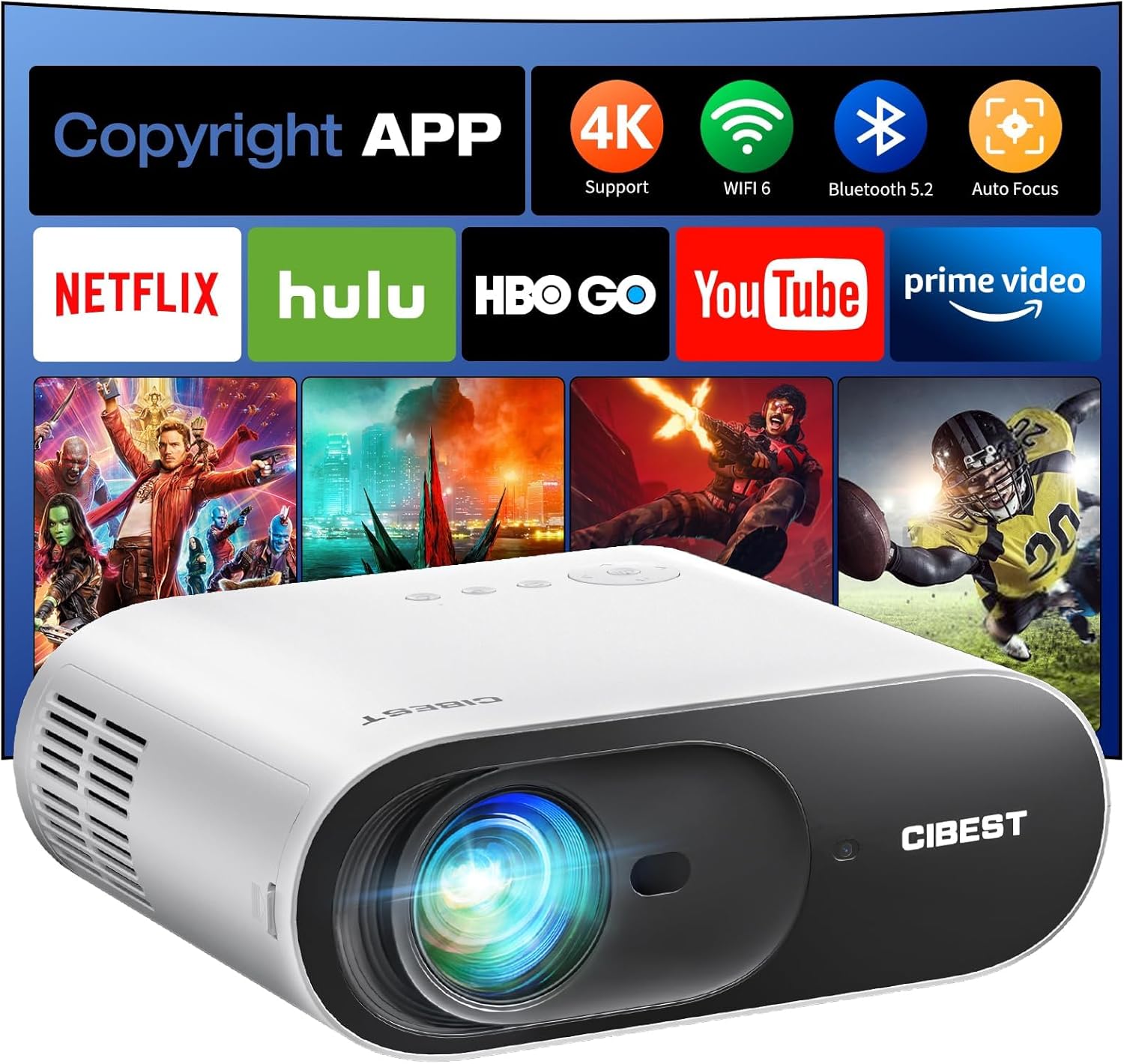 [NetfIix Officially & DoIby Audio] Cibest 4K WiFi & Bluetooth Projector with Auto Focus & Keystone, Native 1080P and 600 ANSI HD Video Projector for Home Cinema/Party/Gift