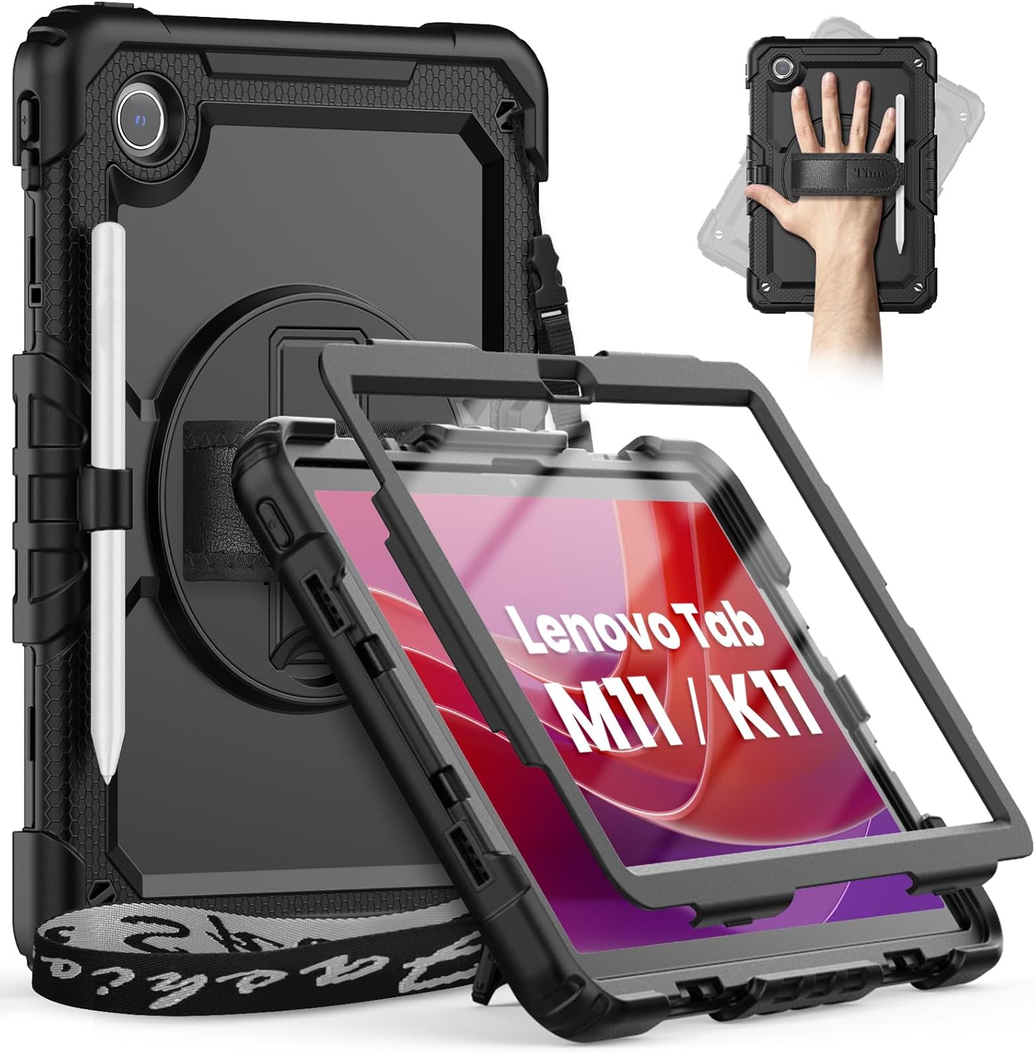 timecity Case for Lenovo Tab M11 (TB330FU/TB330XU) 11 Inch Tablet Case with Pen Holder/Stylus Holder/Screen Protector/360° Hand Strap, for Tab K11 LTE 2024/ Lenovo Xiaoxin Pad 2024 (TB331FC) – Black