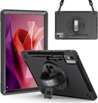 Protective Case for Lenovo Tab P12, Shockproof Rugged Lenovo Tab P12 Case 12.7 Inch with Kickstand/Hand Strap/Shoulder Strap-Black