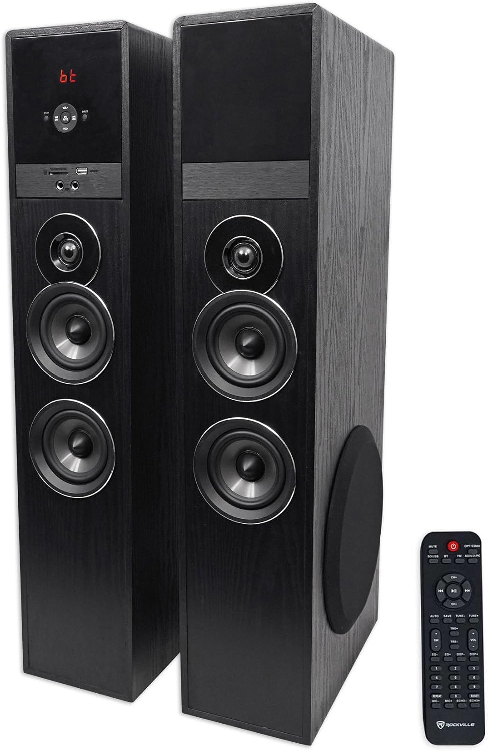 Rockville TM80B Powered Home Theater Tower Speaker System, Black, 800W, 8″ Subwoofers, Bluetooth, USB/SD Playback, FM Radio, Remote Control, Karaoke Ready, Perfect for Home Entertainment